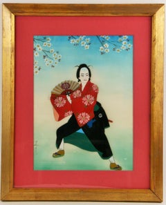 Antique Japanese  Dancer  Figurative  Painting On Silk 1920's