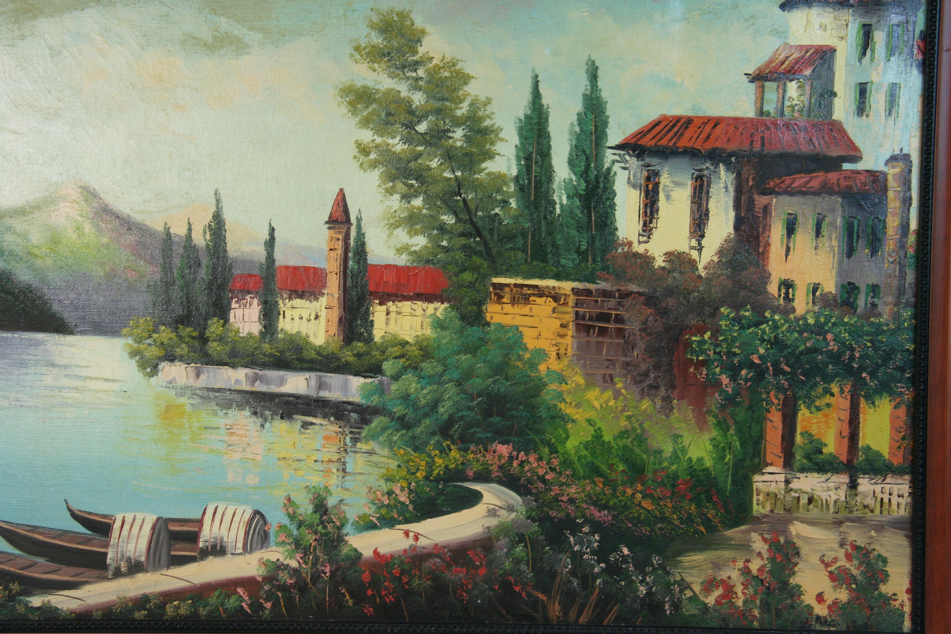 6095a  Oversized Lake Como vists oil painting with maountains in backroubs
Image size 24x35.5 