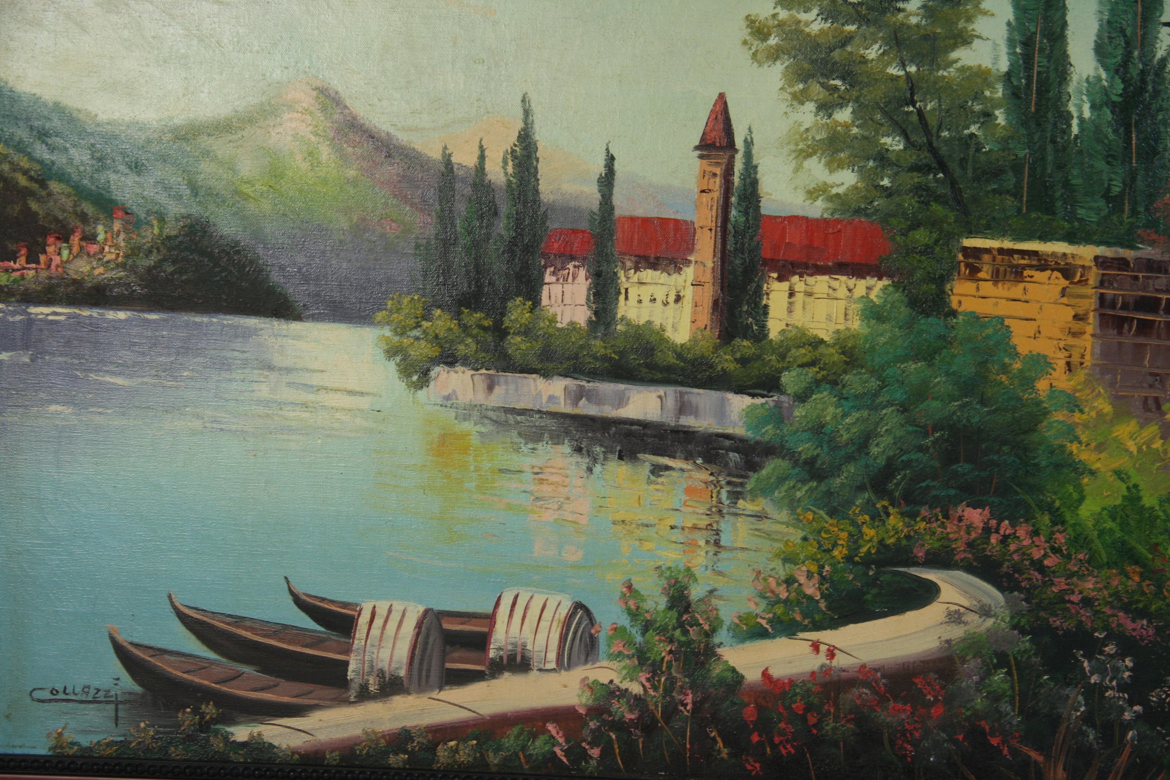Antique Lake Como Vista Oversized Oil Painting By Collazzi For Sale 3