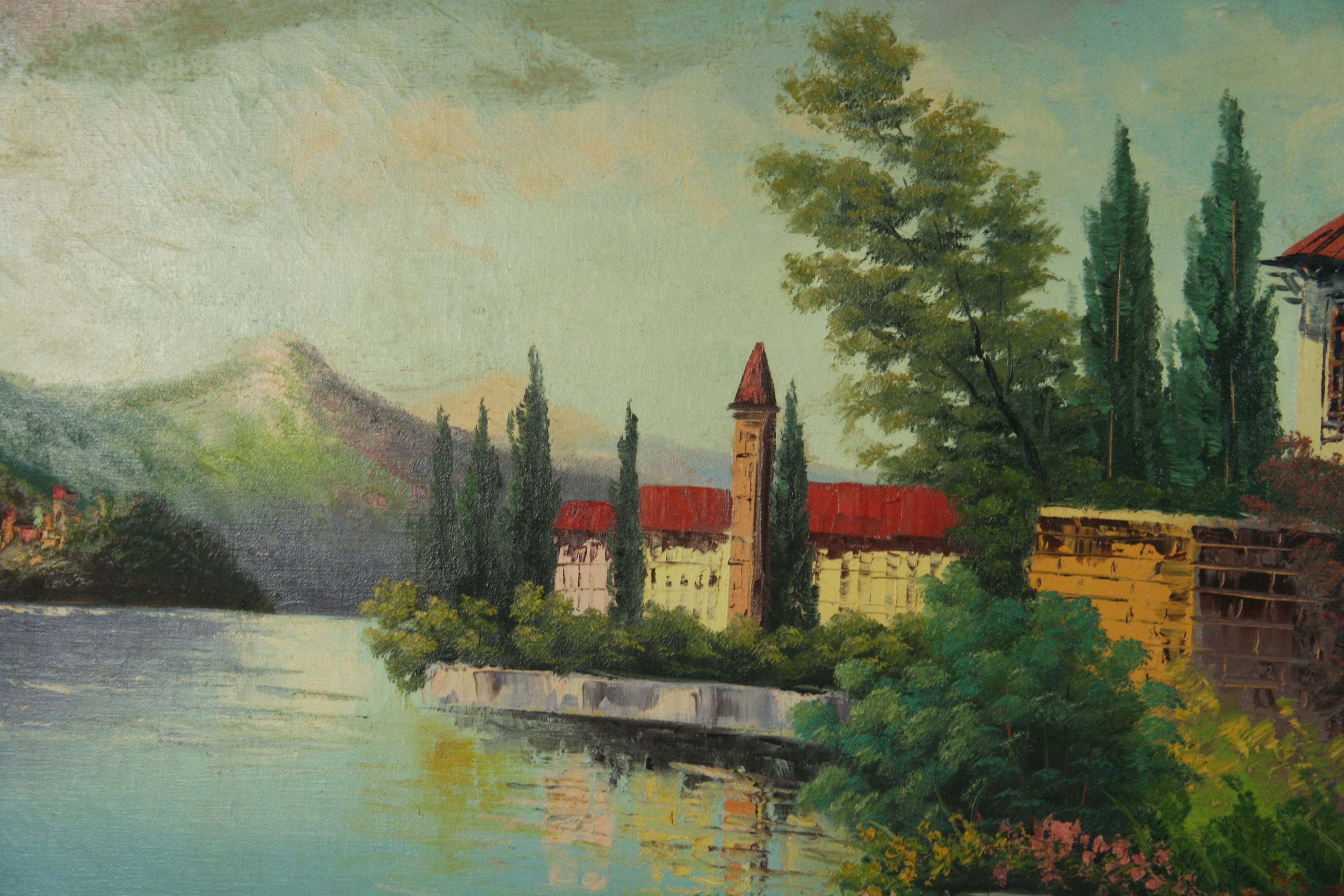 Antique Lake Como Vista Oversized Oil Painting By Collazzi For Sale 4