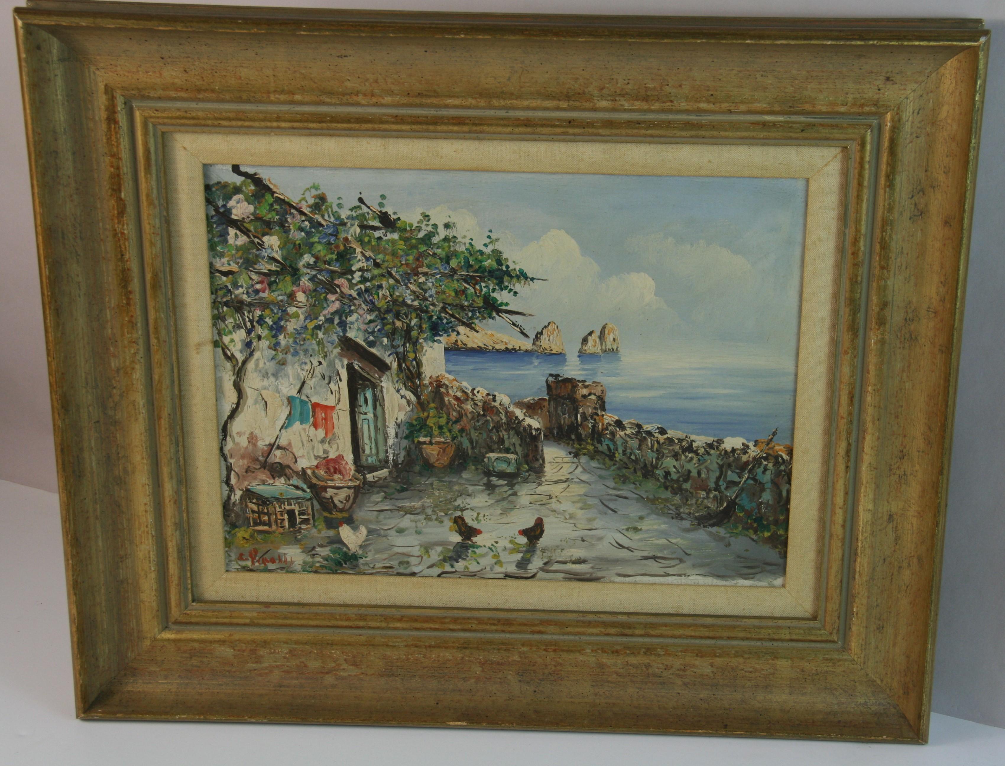 Antique Landscape  Oil Painting Capri Sea View 1940's - Gray Landscape Painting by Unknown