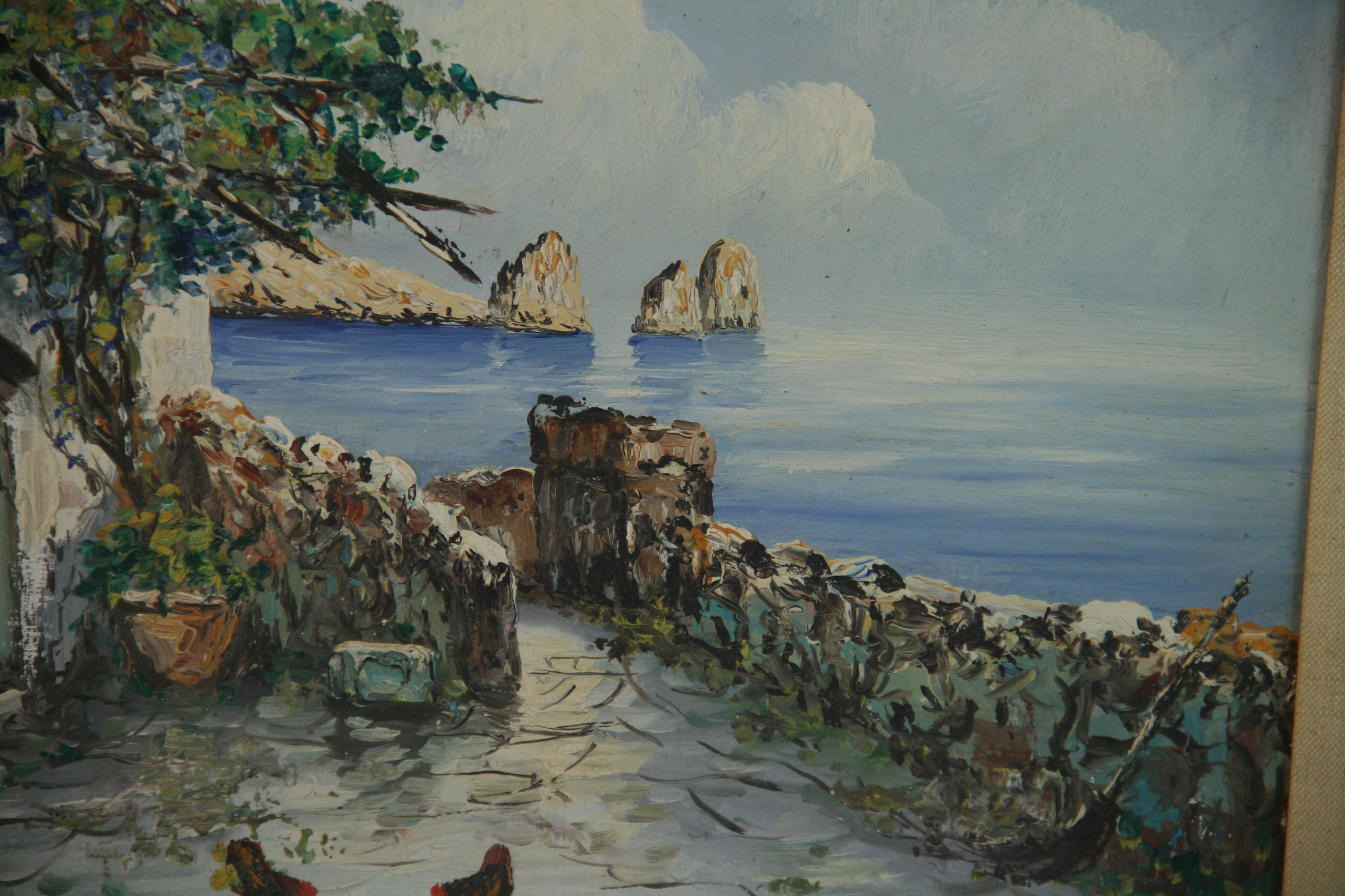 Antique Landscape  Oil Painting Capri Sea View 1940's 1