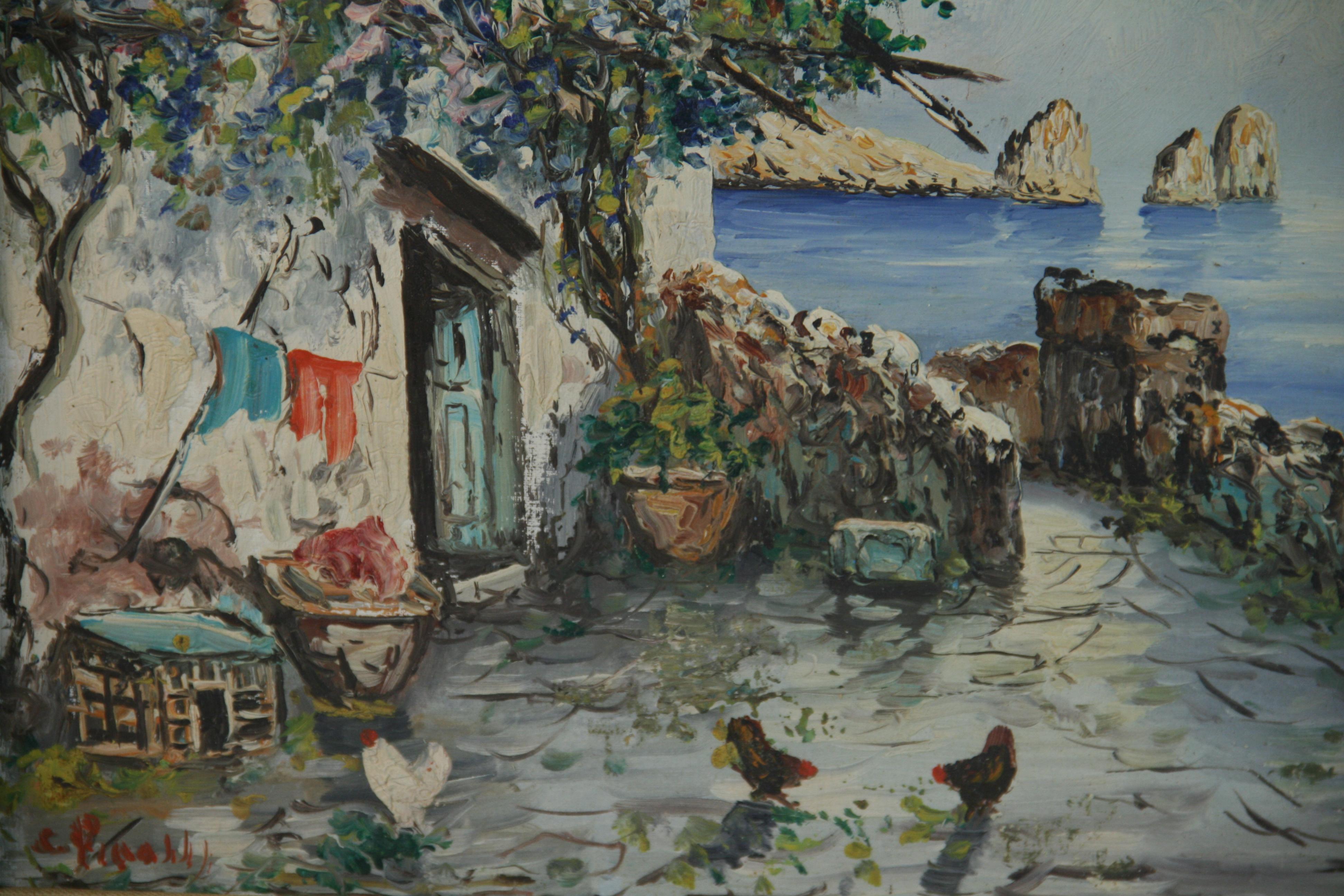 Antique Landscape  Oil Painting Capri Sea View 1940's 2
