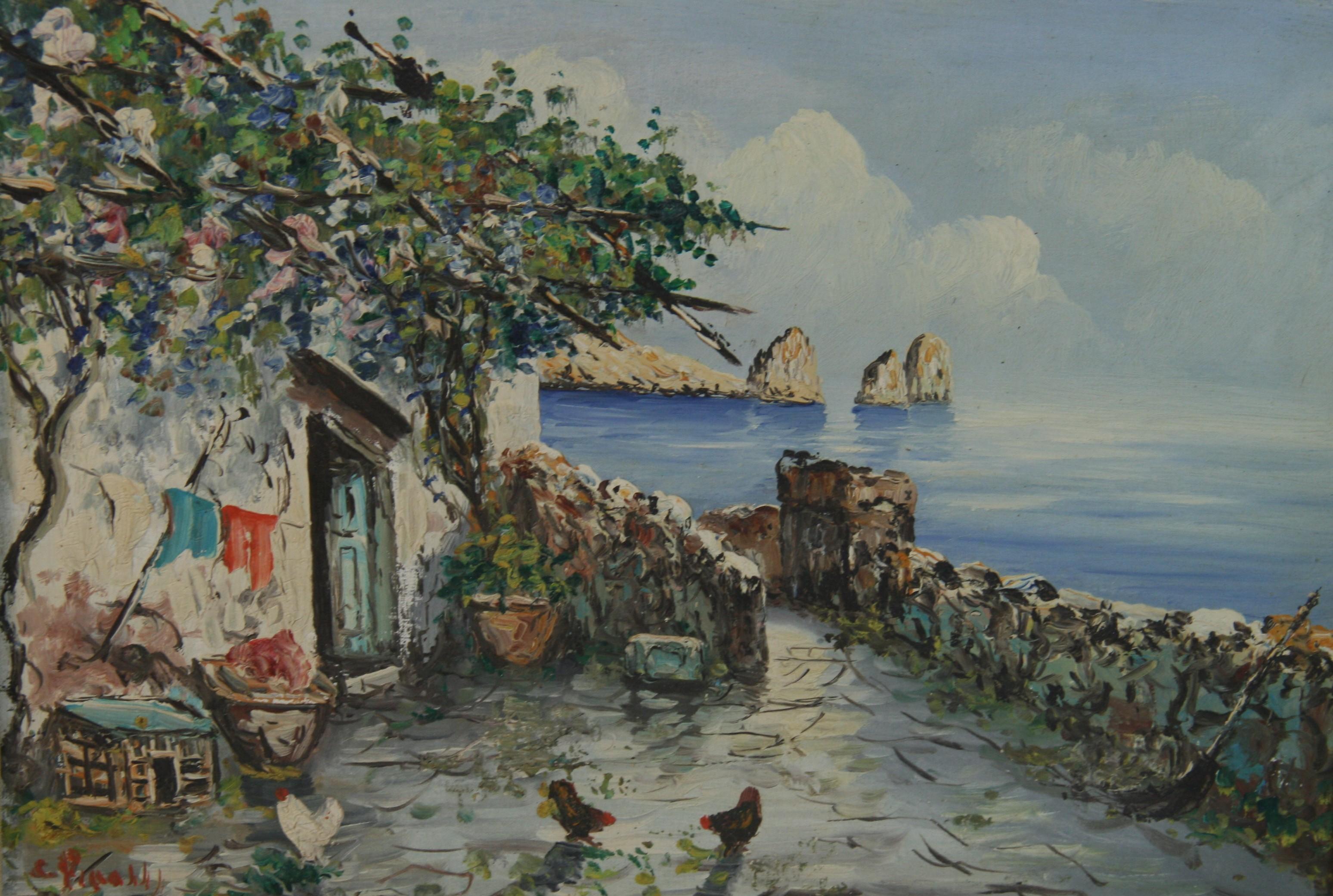 Unknown Landscape Painting - Antique Landscape  Oil Painting Capri Sea View 1940's