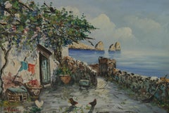 Antique Landscape  Oil Painting Capri Sea View 1940's