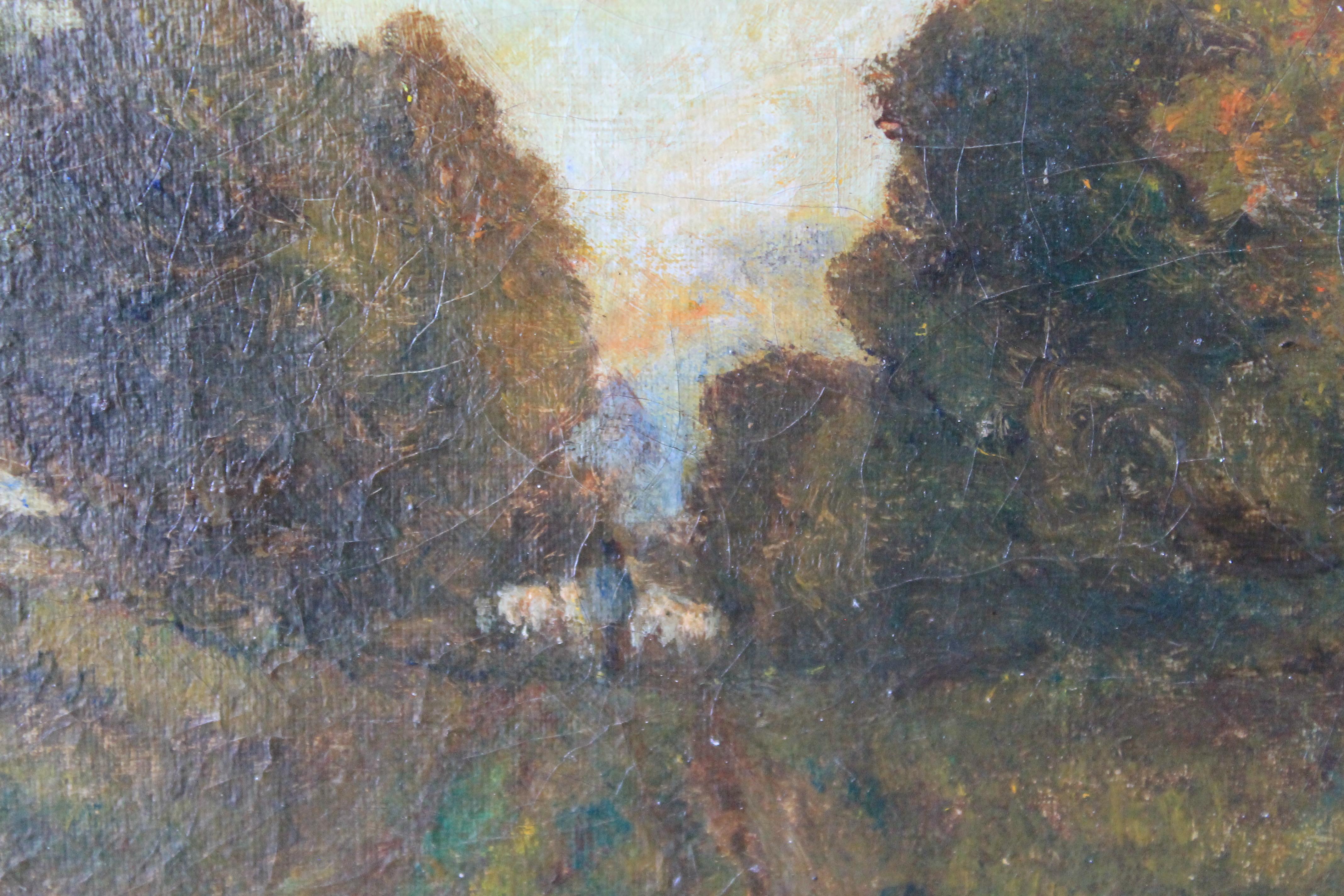 Antique impressionist landscape oil painting on a nicely stretched canvas of a farmer and his sheep walking down a country lane.  Authentic French Barbizon School oil painting.   The scene is the bucolic countryside of France.  The canvas is