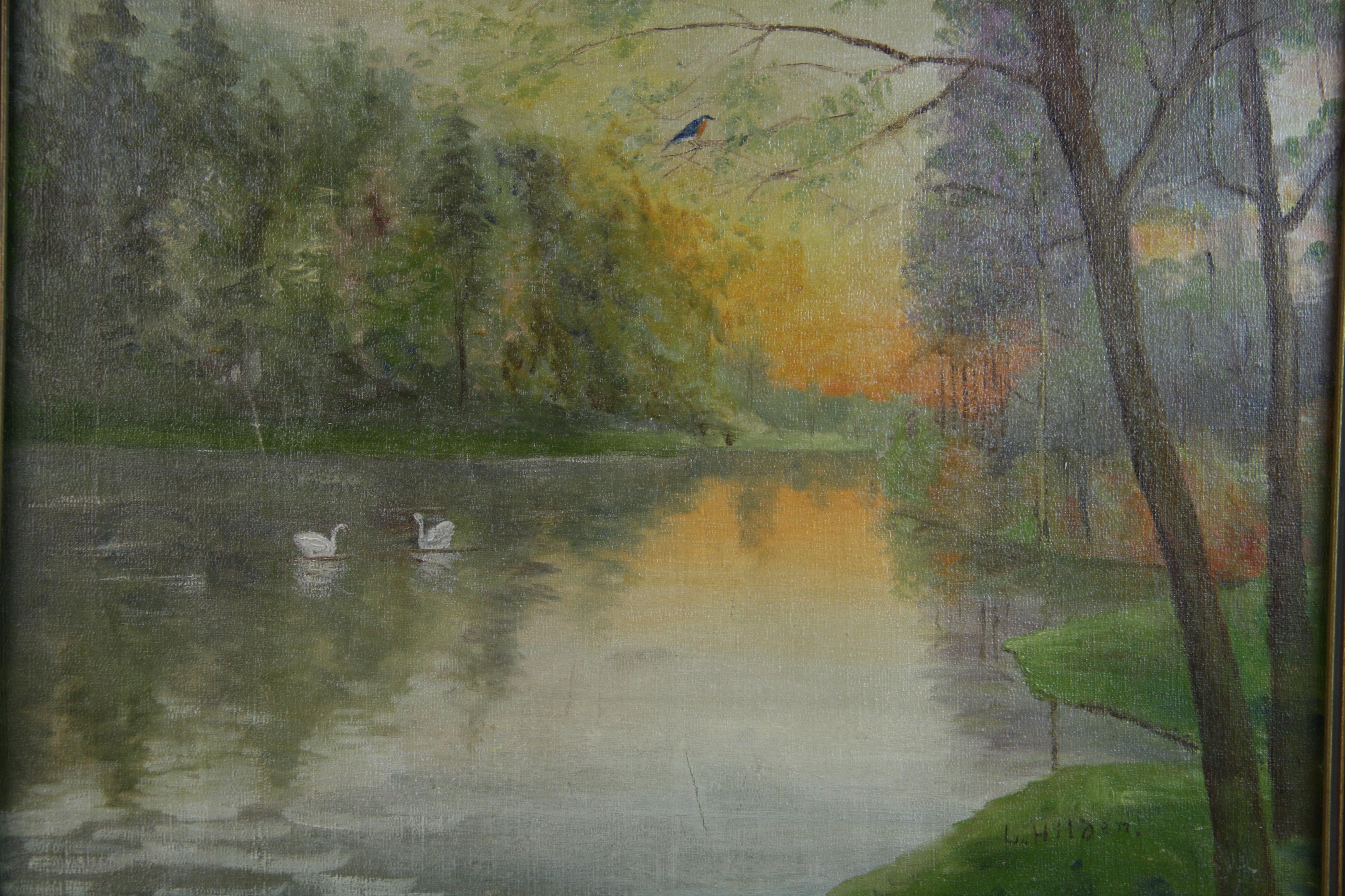 Antique Landscape oil Painting Misty Morning Swans on the lake By L.Hilden 1920' - Brown Landscape Painting by Unknown