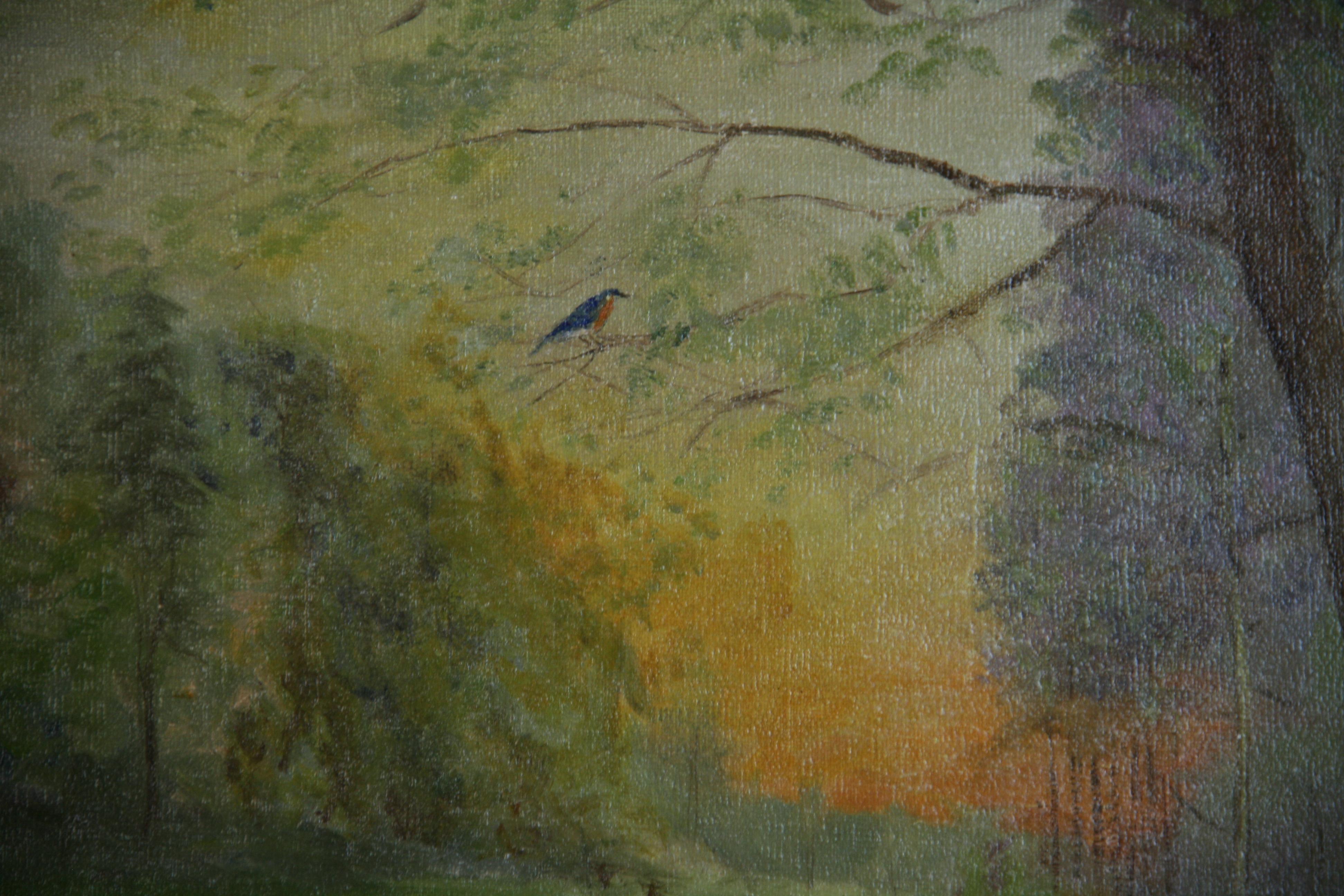 Antique Landscape oil Painting Misty Morning Swans on the lake By L.Hilden 1920' - Brown Landscape Painting by Unknown