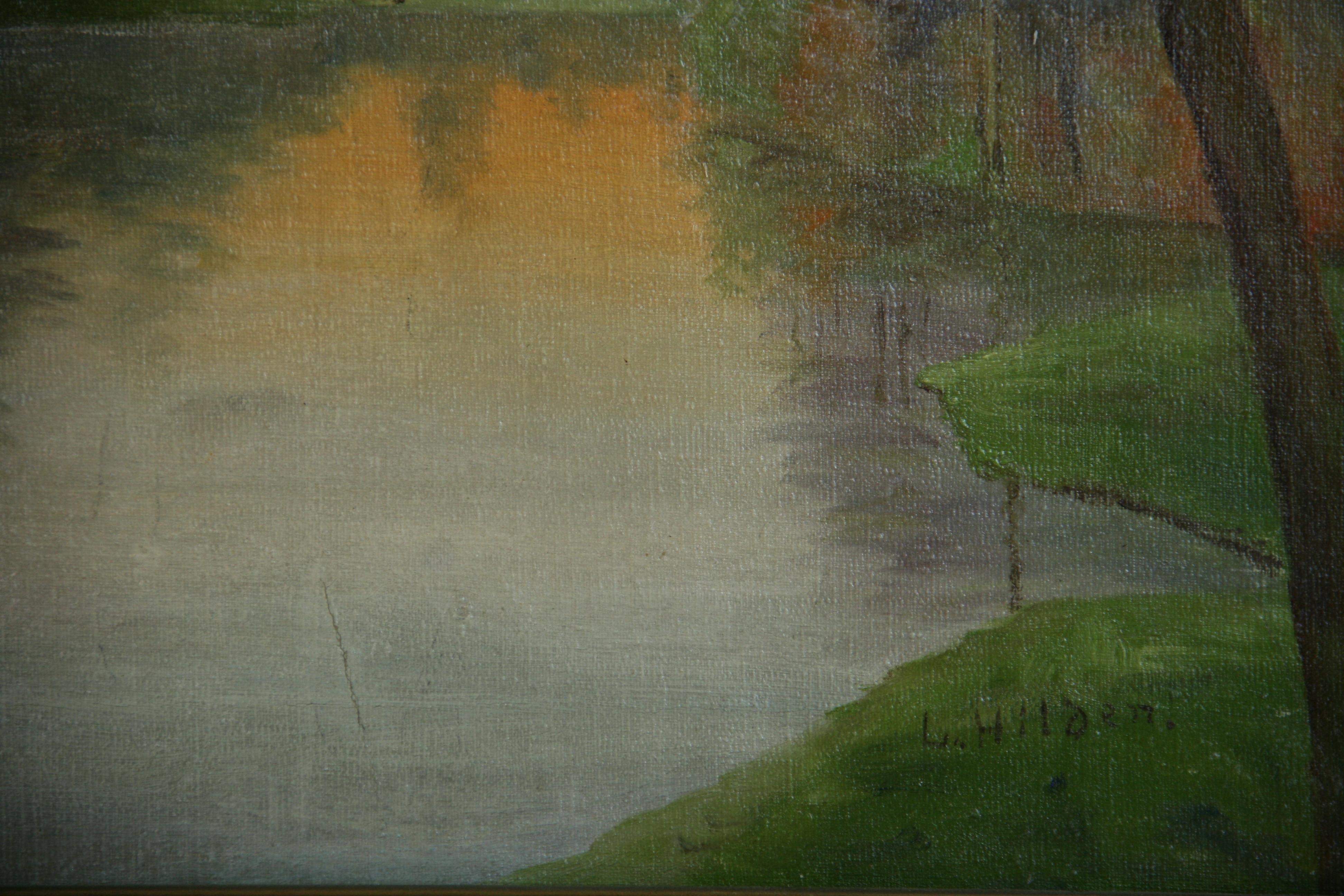 Antique Landscape oil Painting Misty Morning Swans on the lake By L.Hilden 1920' For Sale 2