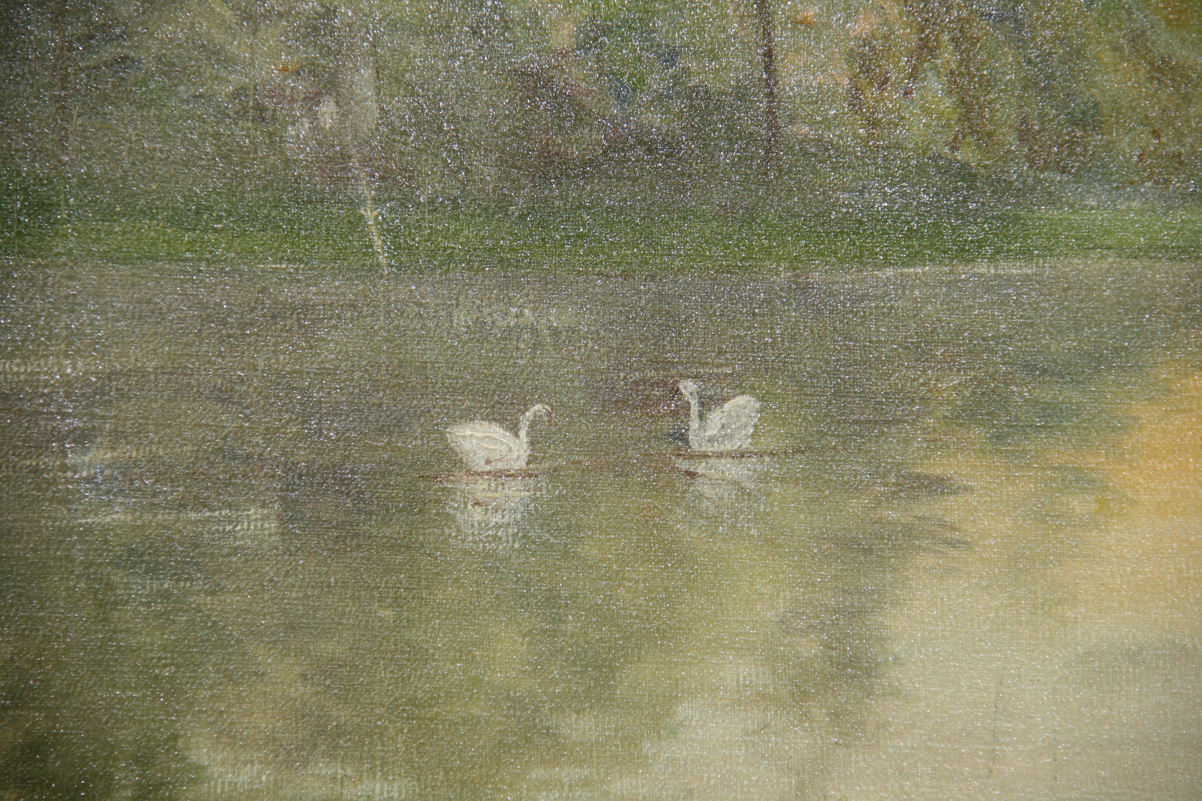 Antique Landscape oil Painting Misty Morning Swans on the lake By L.Hilden 1920' For Sale 1