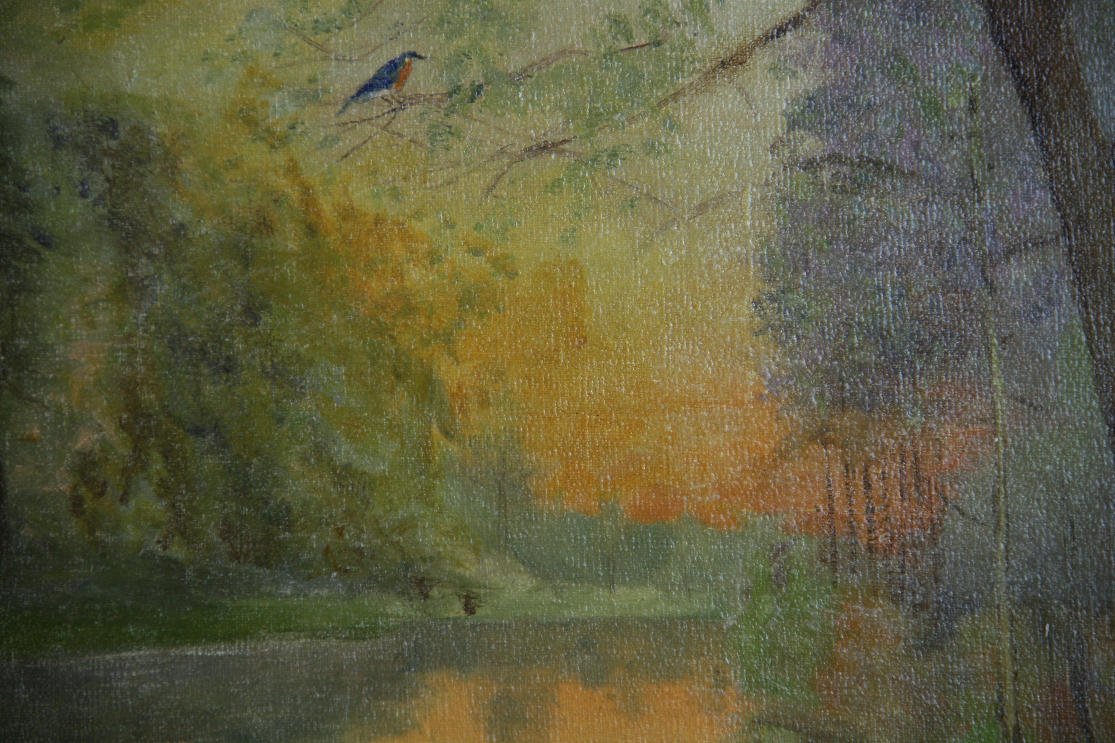 Antico dipinto ad olio di paesaggio Mattina nebbiosa Cigni sul lago di L.Hilden 1920' in vendita 3