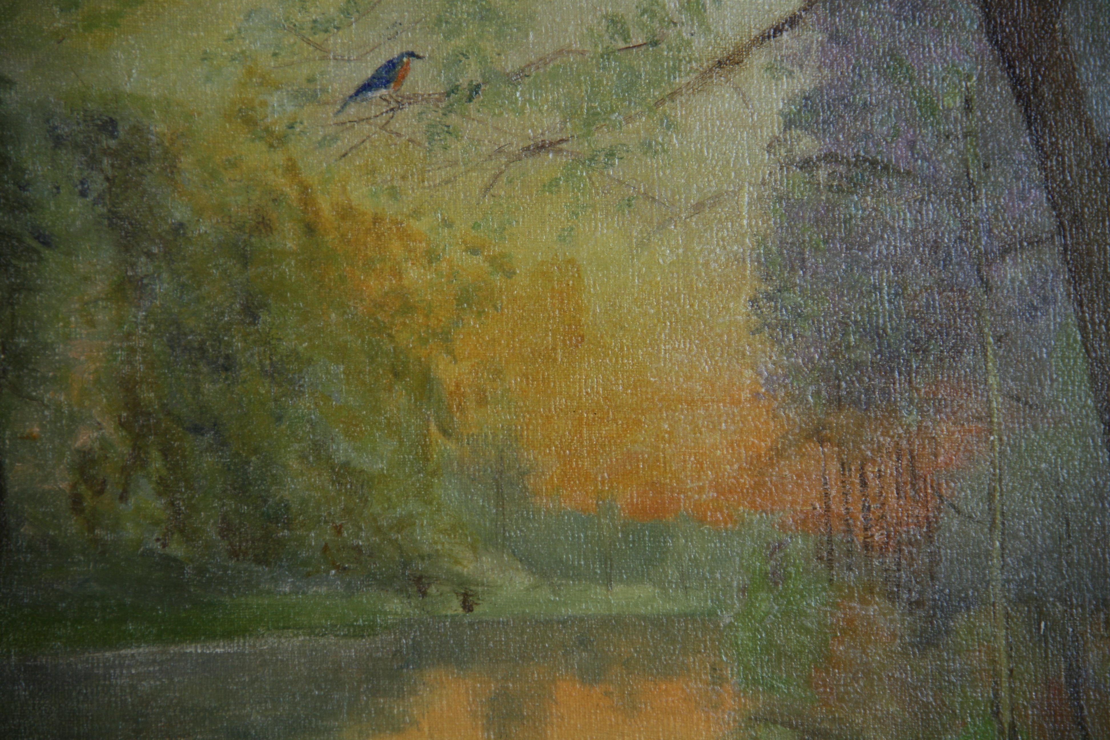 Antique Landscape oil Painting Misty Morning Swans on the lake By L.Hilden 1920' For Sale 2