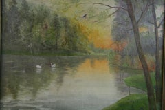 Antico dipinto ad olio di paesaggio Mattina nebbiosa Cigni sul lago di L.Hilden 1920'