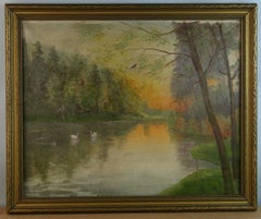 Antique Landscape oil Painting Misty Morning Swans on the lake By L.Hilden 1920'