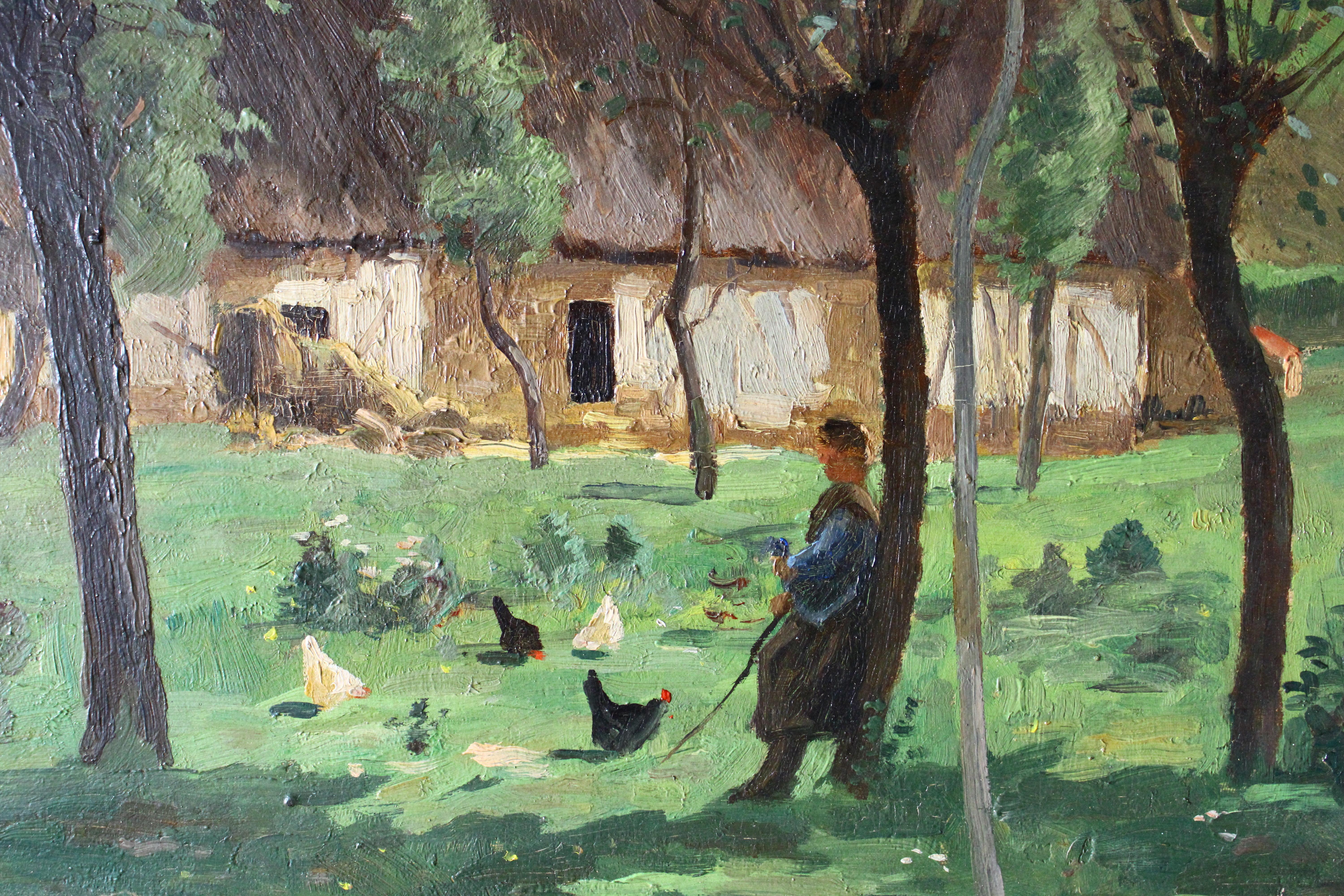 Antike Landschaft Ölgemälde auf Holz, Französisch Impressionist Bauernhof-Szene im Angebot 5