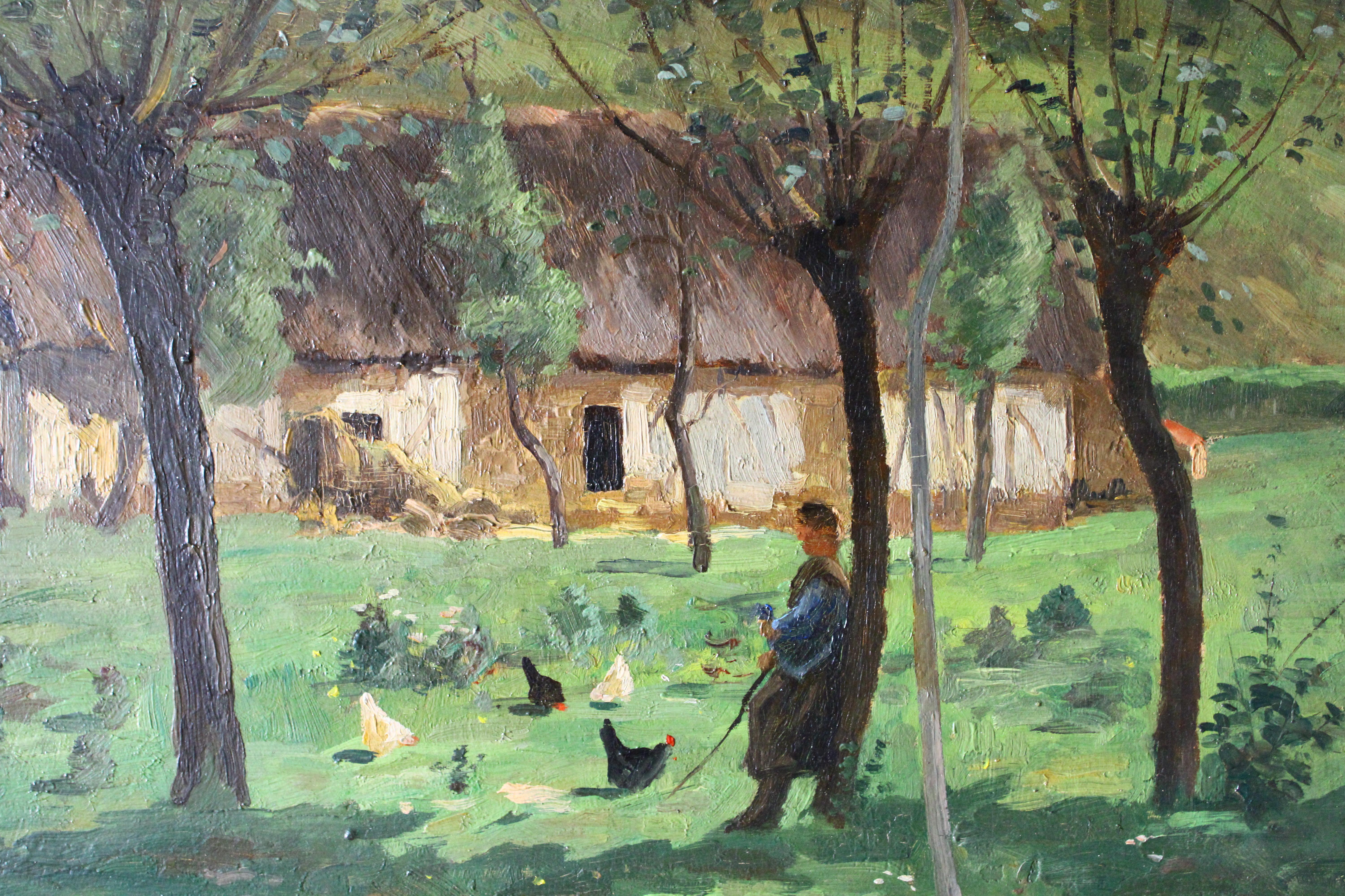 Antike Landschaft Ölgemälde auf Holz, Französisch Impressionist Bauernhof-Szene im Angebot 6