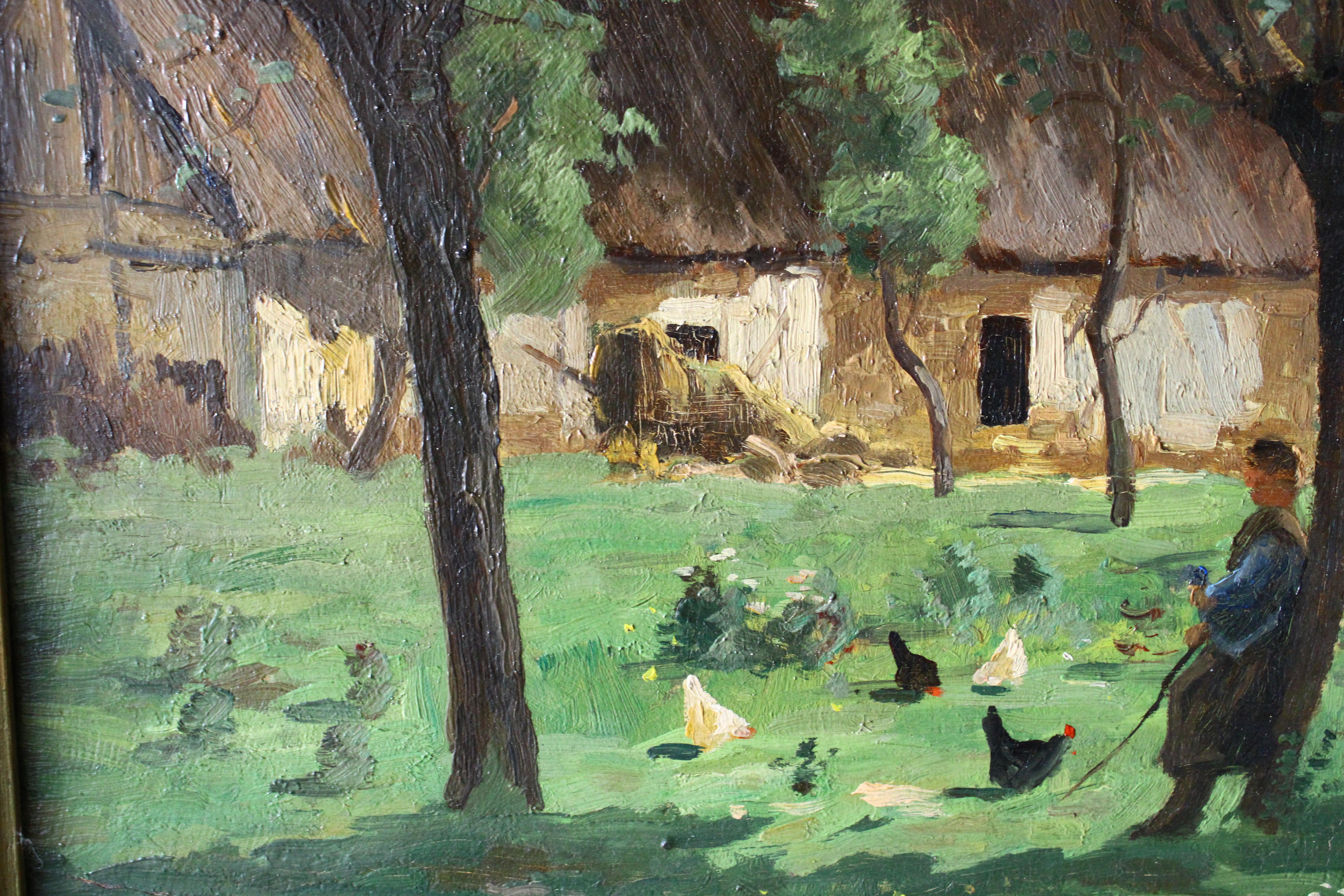 Antike Landschaft Ölgemälde auf Holz, Französisch Impressionist Bauernhof-Szene im Angebot 7