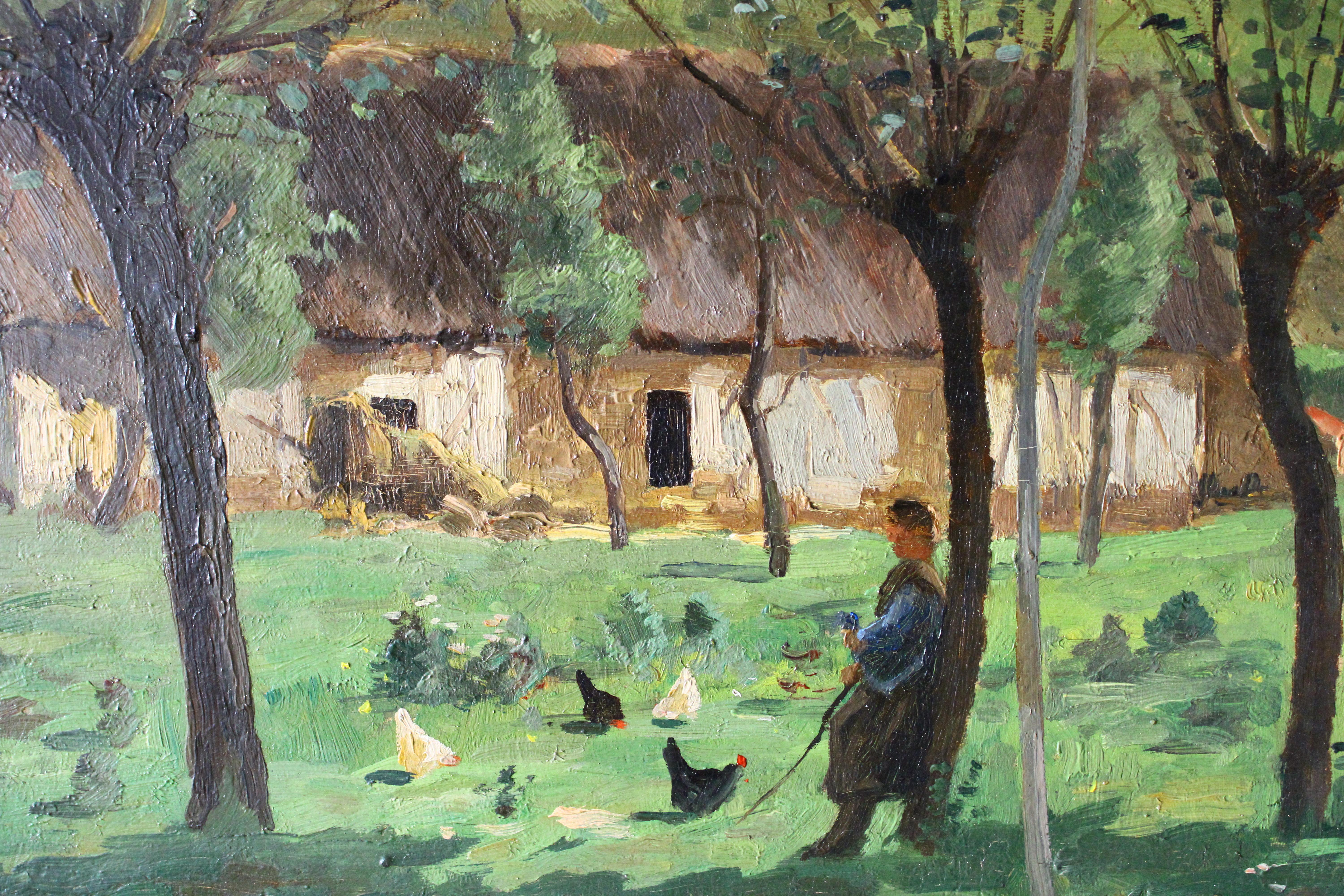 Antike Landschaft Ölgemälde auf Holz, Französisch Impressionist Bauernhof-Szene im Angebot 8