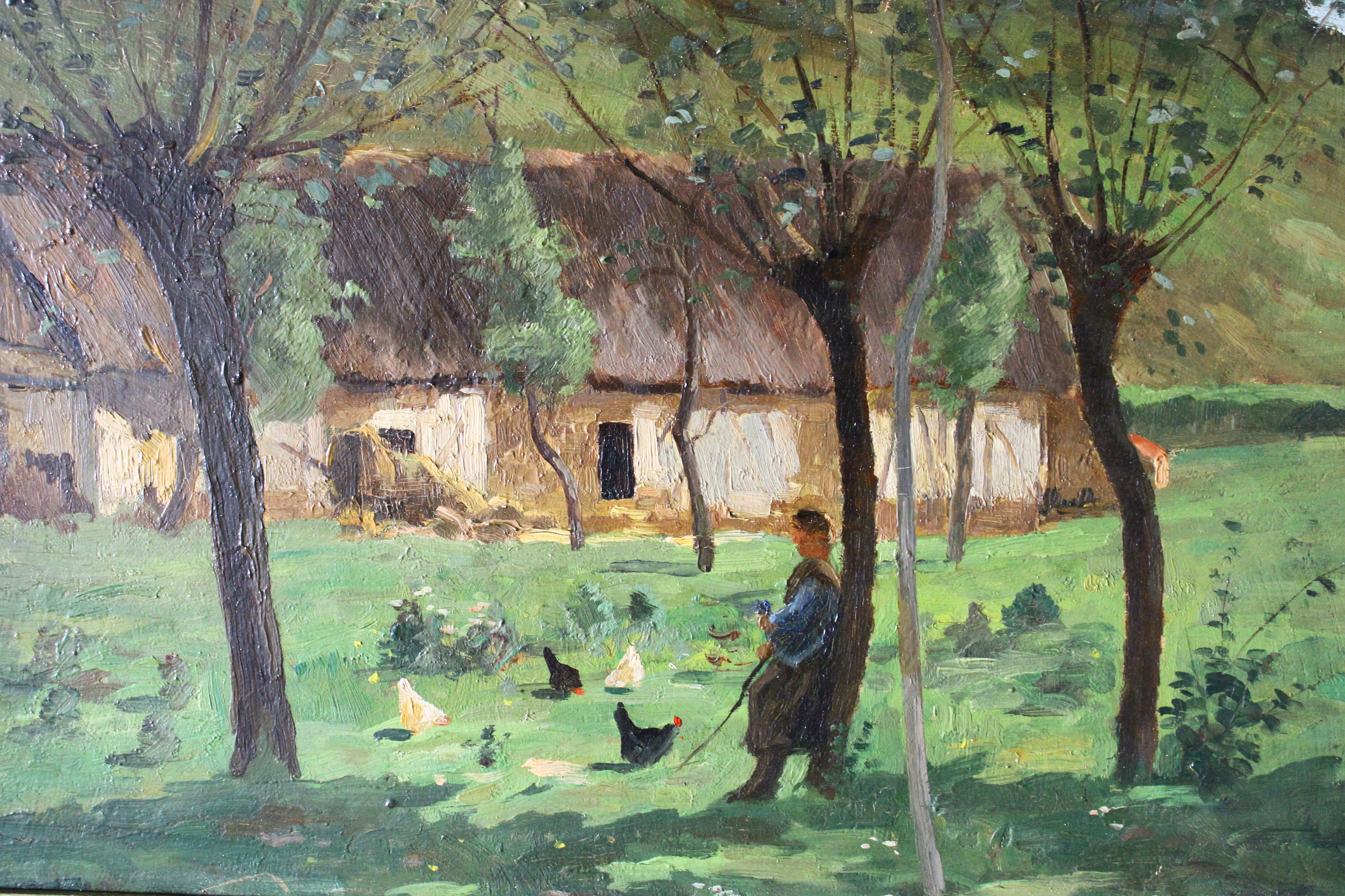 Antike Landschaft Ölgemälde auf Holz, Französisch Impressionist Bauernhof-Szene im Angebot 9