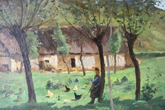 Antique Landscape Oil Painting on wood, French Impressionist Farm Scene