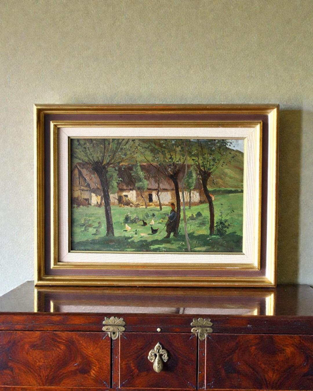 Antike Landschaft Ölgemälde auf Holz, Französisch Impressionist Bauernhof-Szene (Post-Impressionismus), Painting, von Unknown