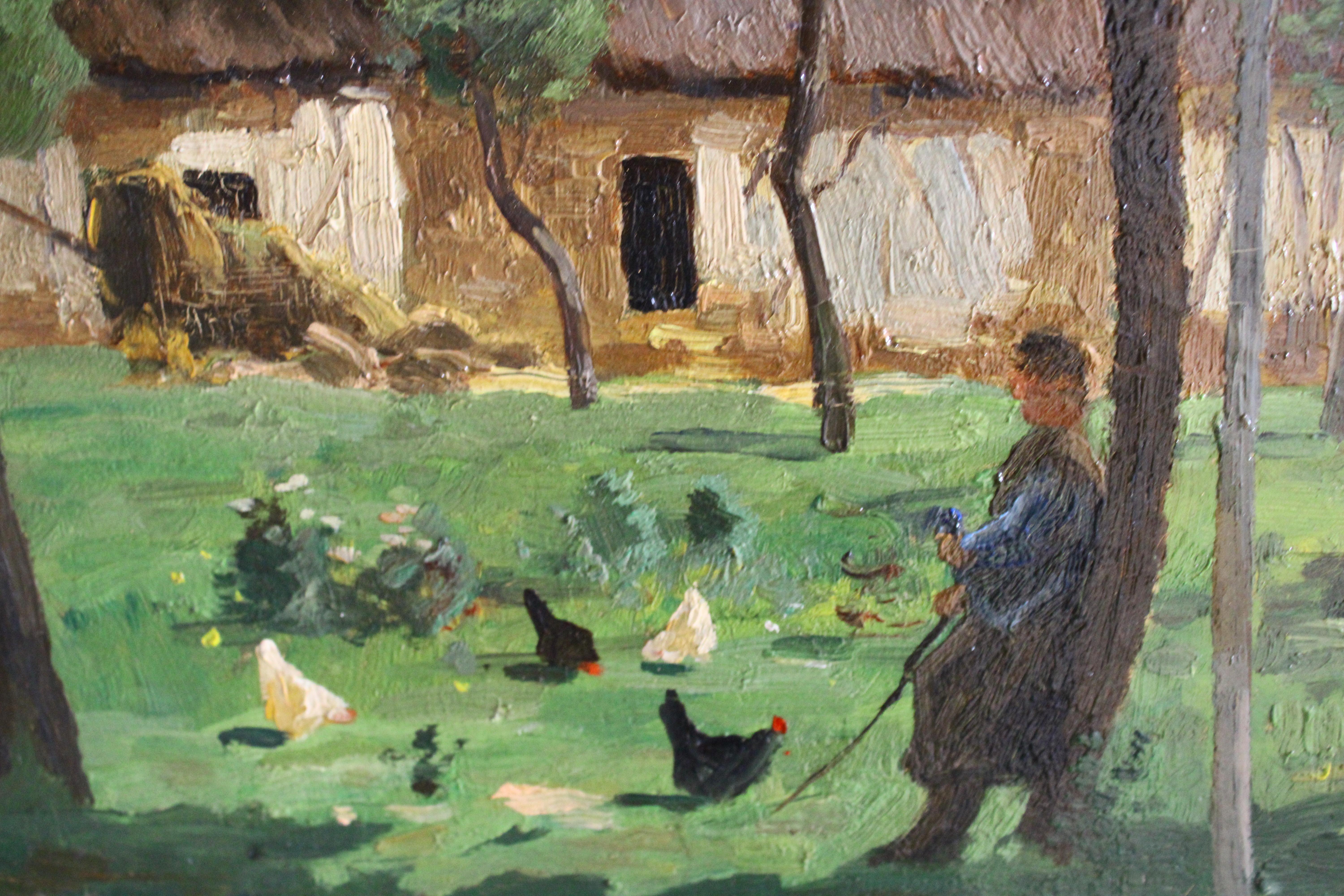 Antike Landschaft Ölgemälde auf Holz, Französisch Impressionist Bauernhof-Szene (Braun), Landscape Painting, von Unknown