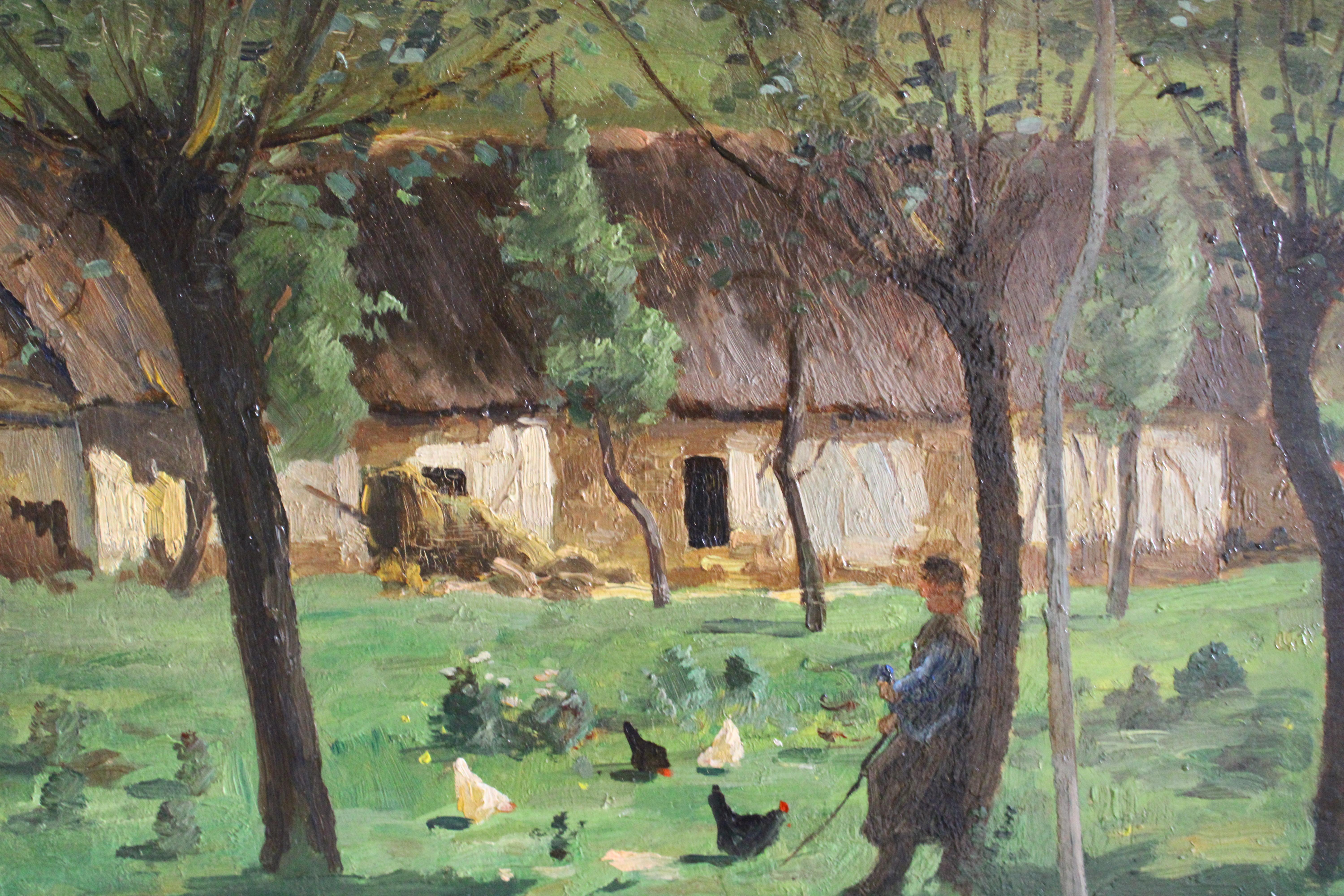 Antike Landschaft Ölgemälde auf Holz, Französisch Impressionist Bauernhof-Szene im Angebot 1