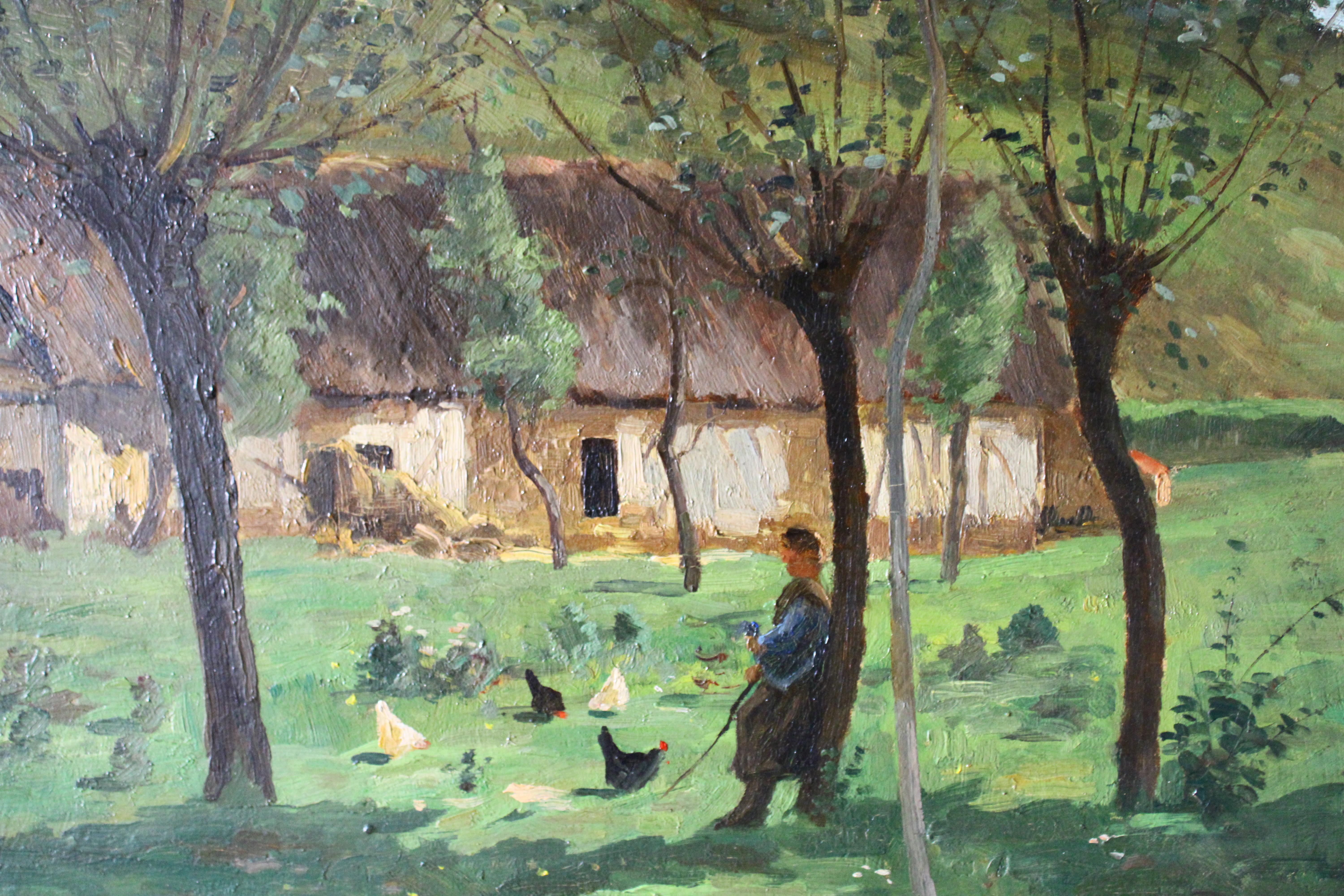 Antike Landschaft Ölgemälde auf Holz, Französisch Impressionist Bauernhof-Szene im Angebot 3