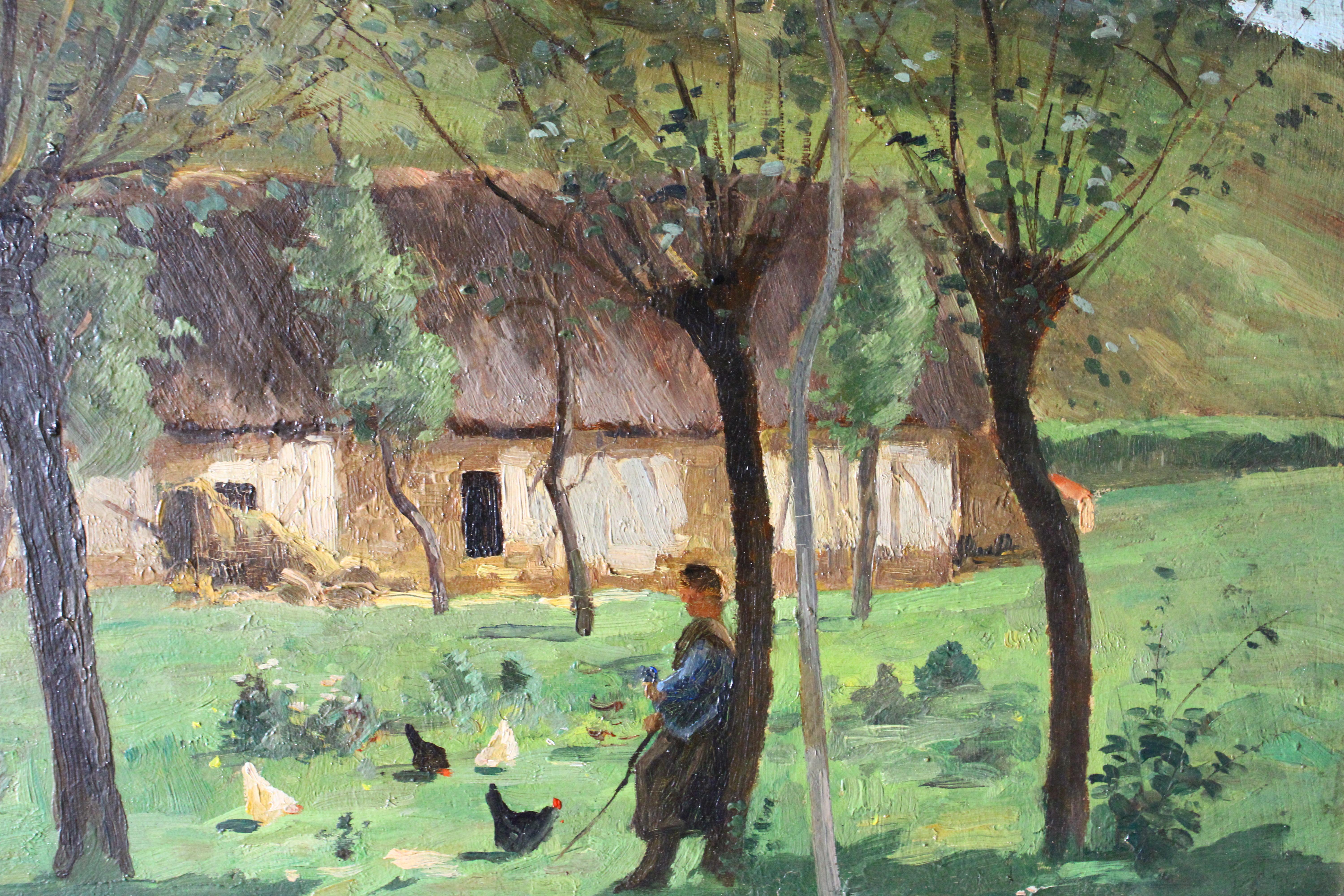 Antike Landschaft Ölgemälde auf Holz, Französisch Impressionist Bauernhof-Szene im Angebot 4