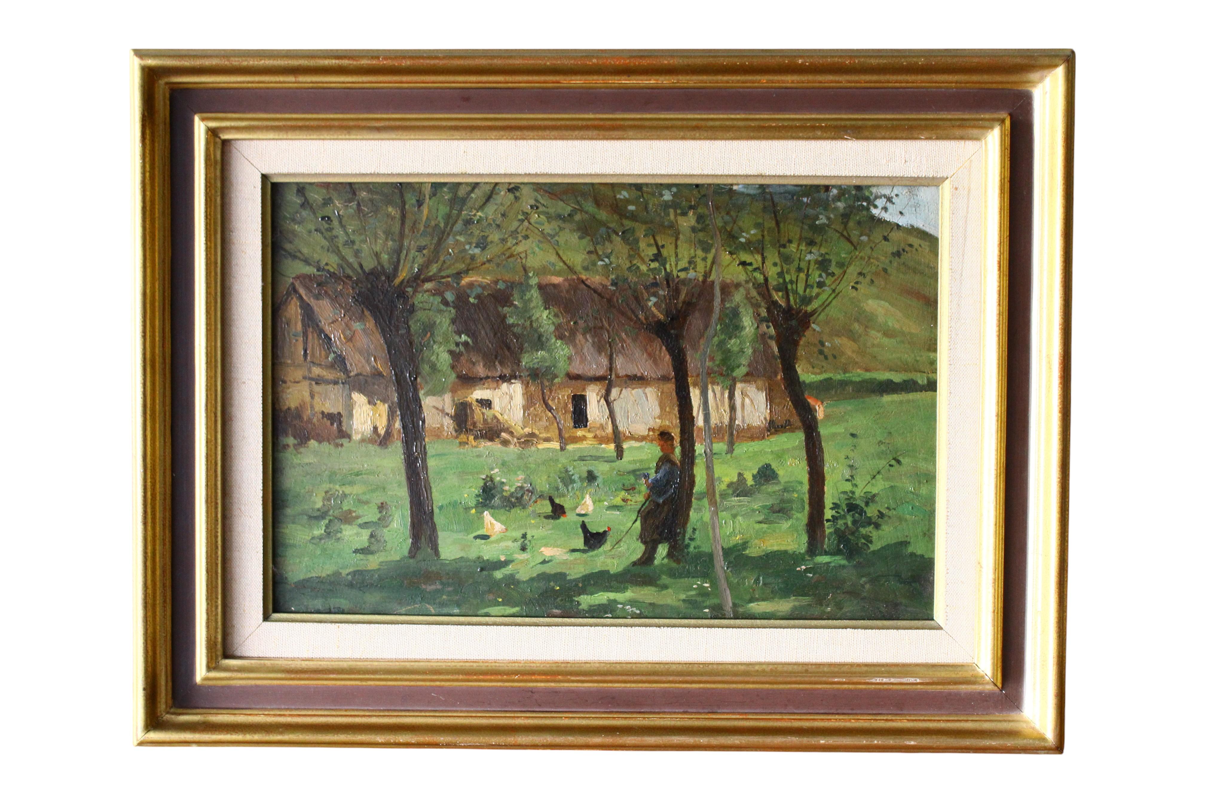 Antique Landscape Oil Painting on wood, French Impressionist Farm Scene