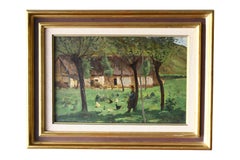 Antique Landscape Oil Painting on wood, French Impressionist Farm Scene