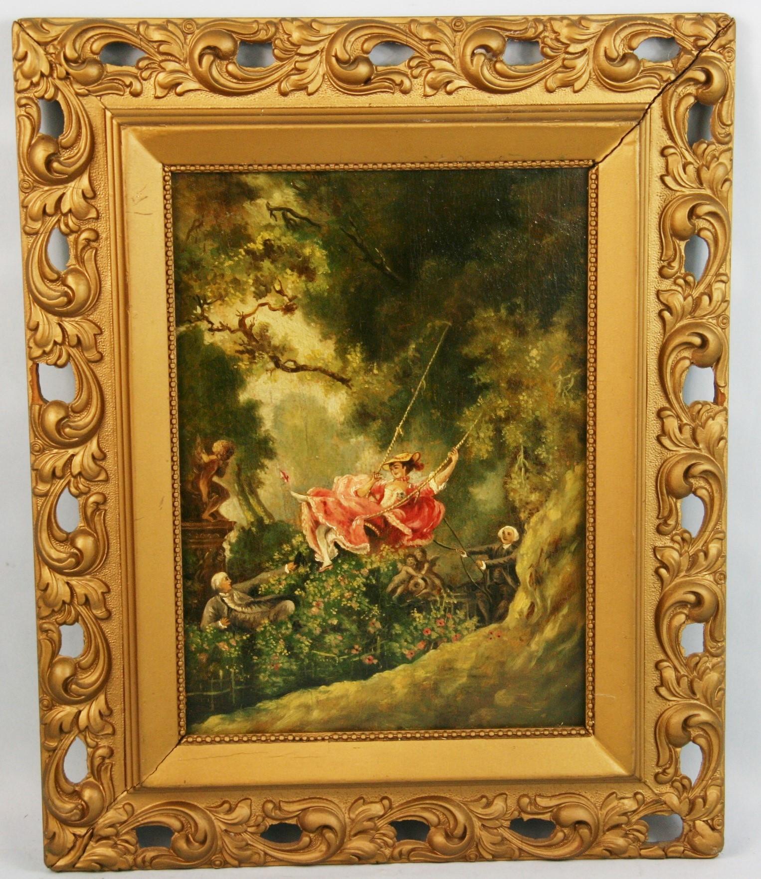 Unknown Figurative Painting - Antique Landscape oil Painting Woman On A Swing
