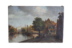 Peinture ancienne de paysage, scène du canal d
Amsterdam, peinture à l
huile hollandaise ancienne