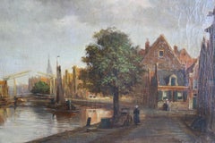 Peinture ancienne de paysage, scène du canal d'Amsterdam, peinture à l'huile hollandaise ancienne