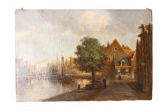 Antique Landscape Painting, Amsterdam Canal Scene, Dutch Antique Oil Painting