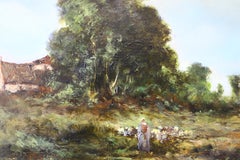 Antique Landscape Pastoral Oil Painting in Gold Frame, French Barbizon School