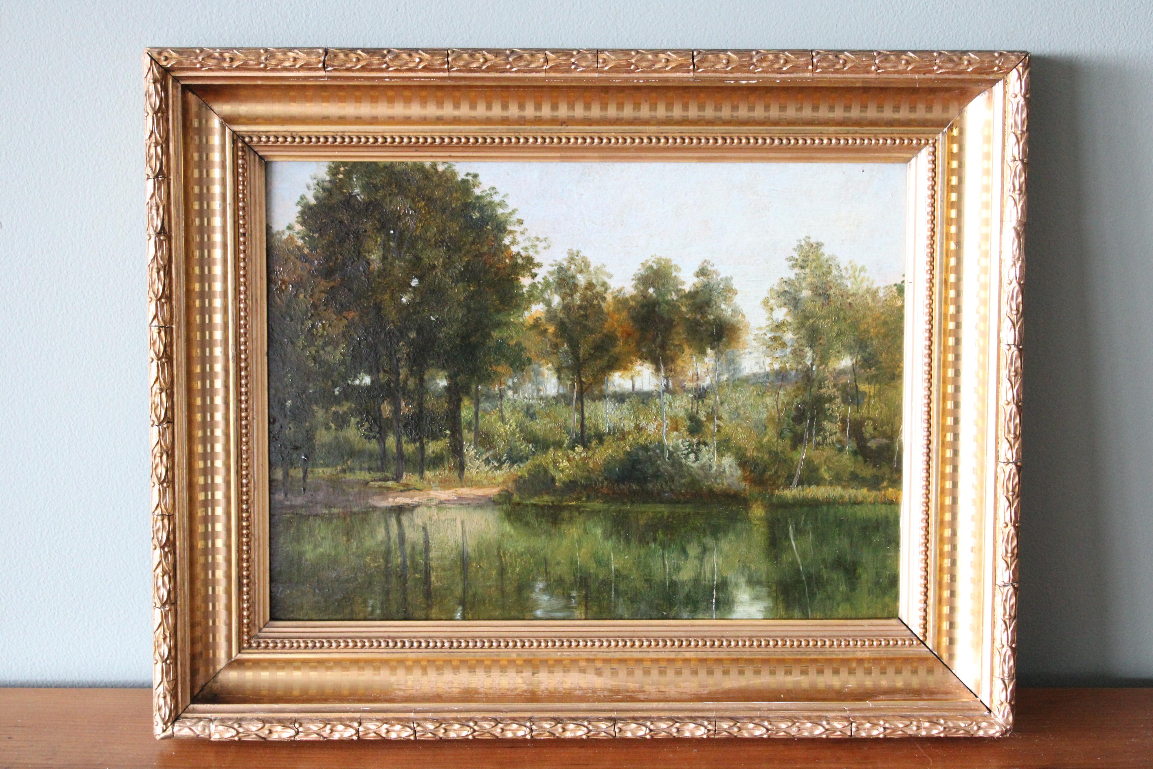 Antique landscape/riverscape oil painting, French landscape - Painting by Unknown