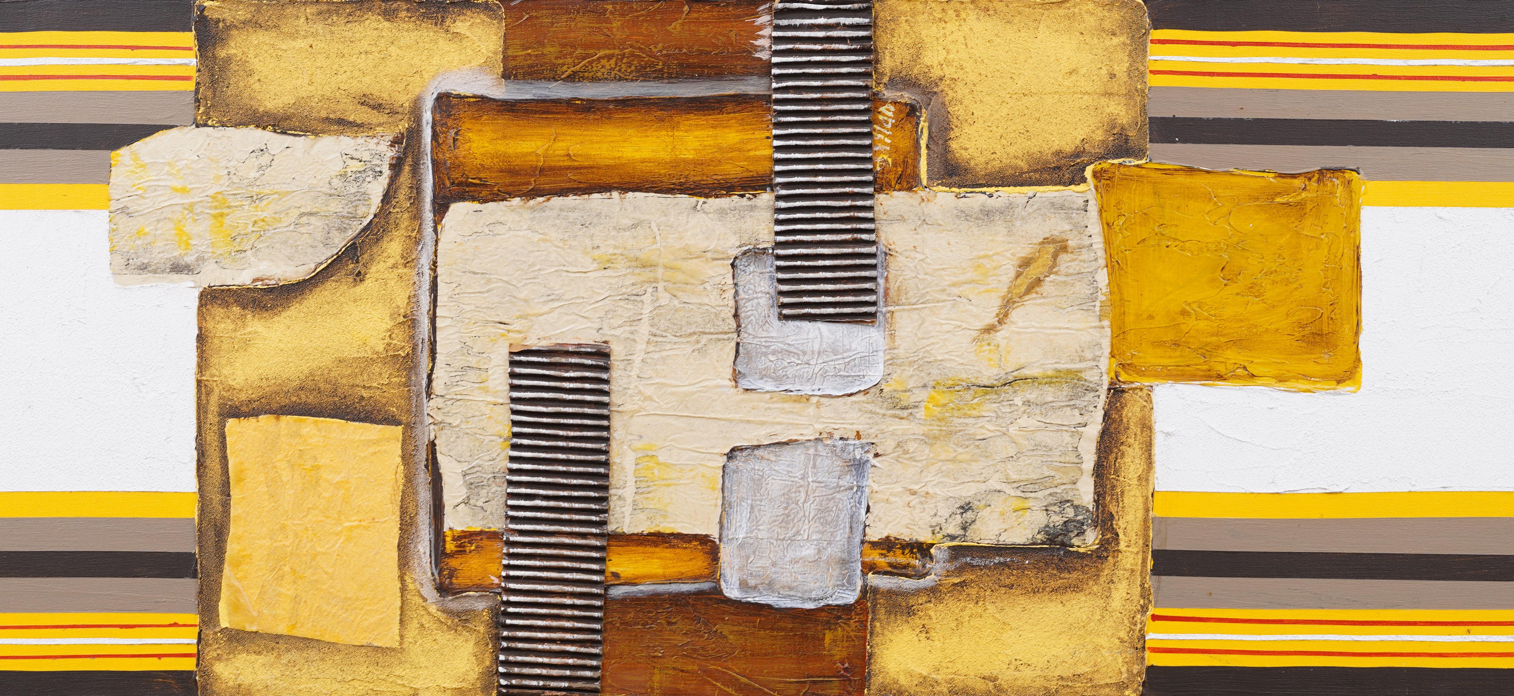 Antico grande dipinto a olio astratto espressionista incorniciato e firmato da Dillon - Abstract Painting Beige di Unknown