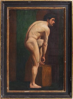 Antiguo Gran Retrato Académico Masculino Desnudo Estudio de Artista Pintura al Óleo Enmarcada