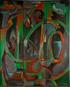 Antique Large American School Period Cubist Large Abstract Original Oil Painting