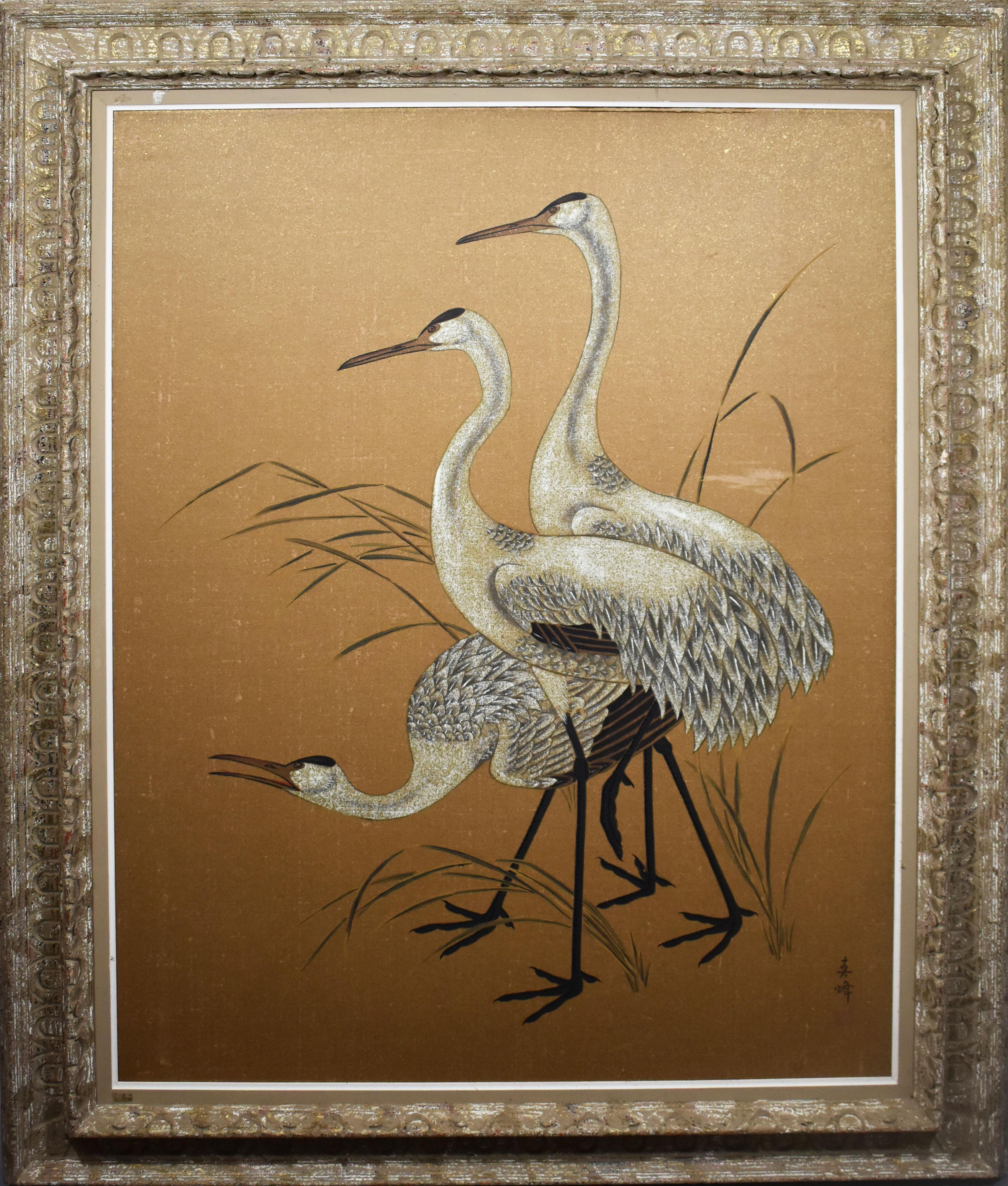 Unknown Landscape Painting - Antique Large Asian Chinese Modern Animal Portrait of Cranes Original Painting 