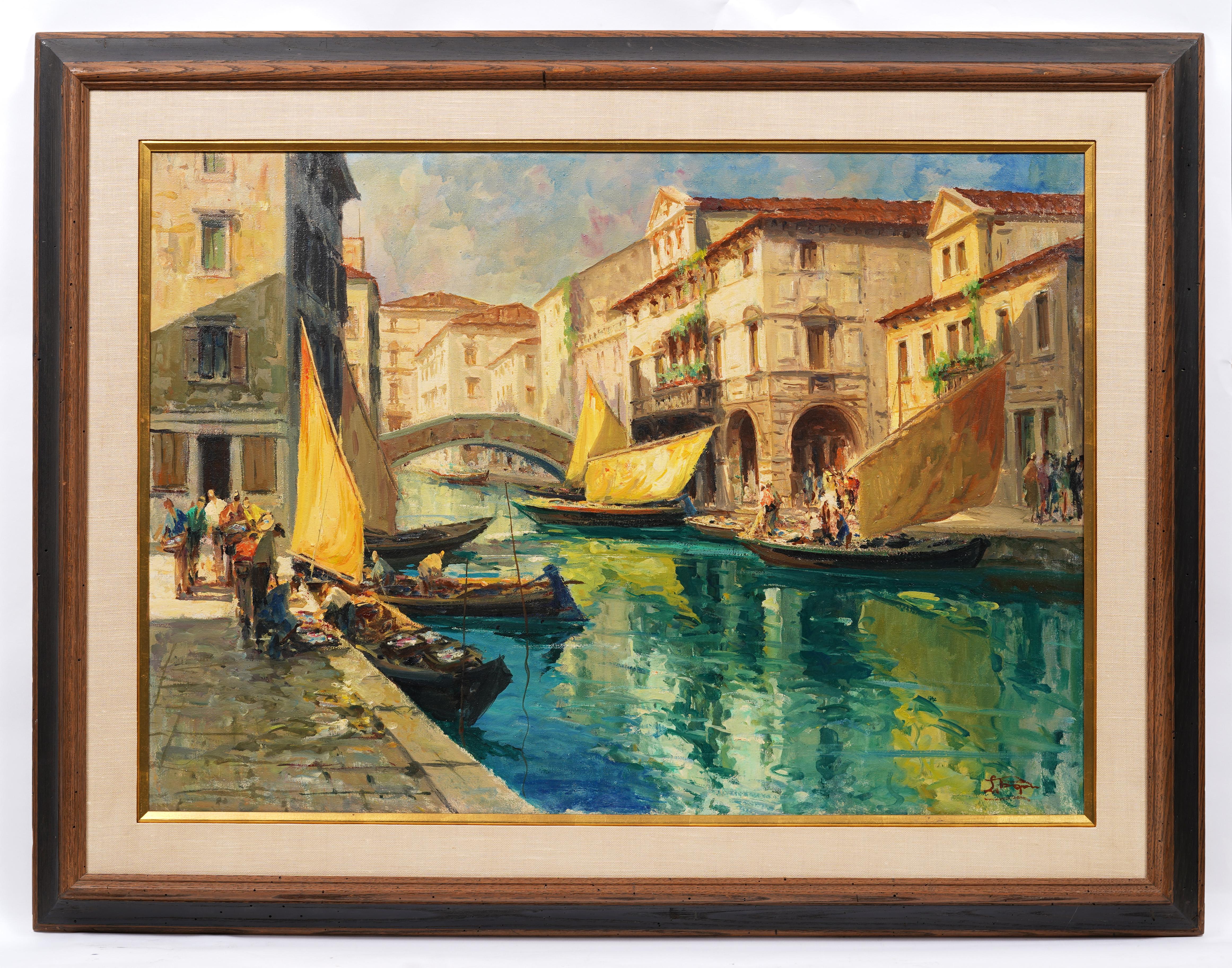 Antique Large Italian Impressionist Framed Venice Canal Signed Oil Painting For Sale 1