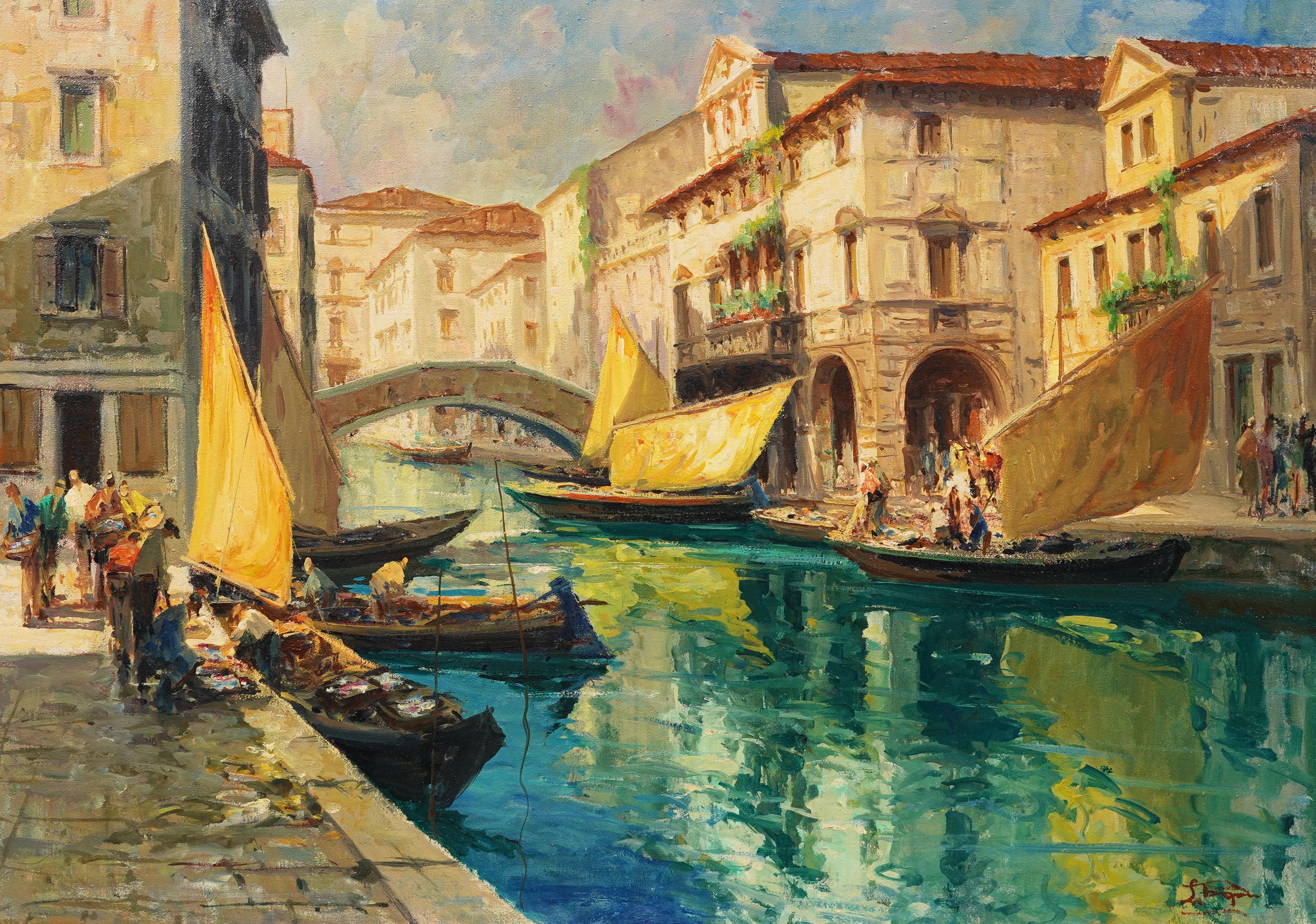 Antique Large Italian Impressionist Framed Venice Canal Signed Oil Painting For Sale 2