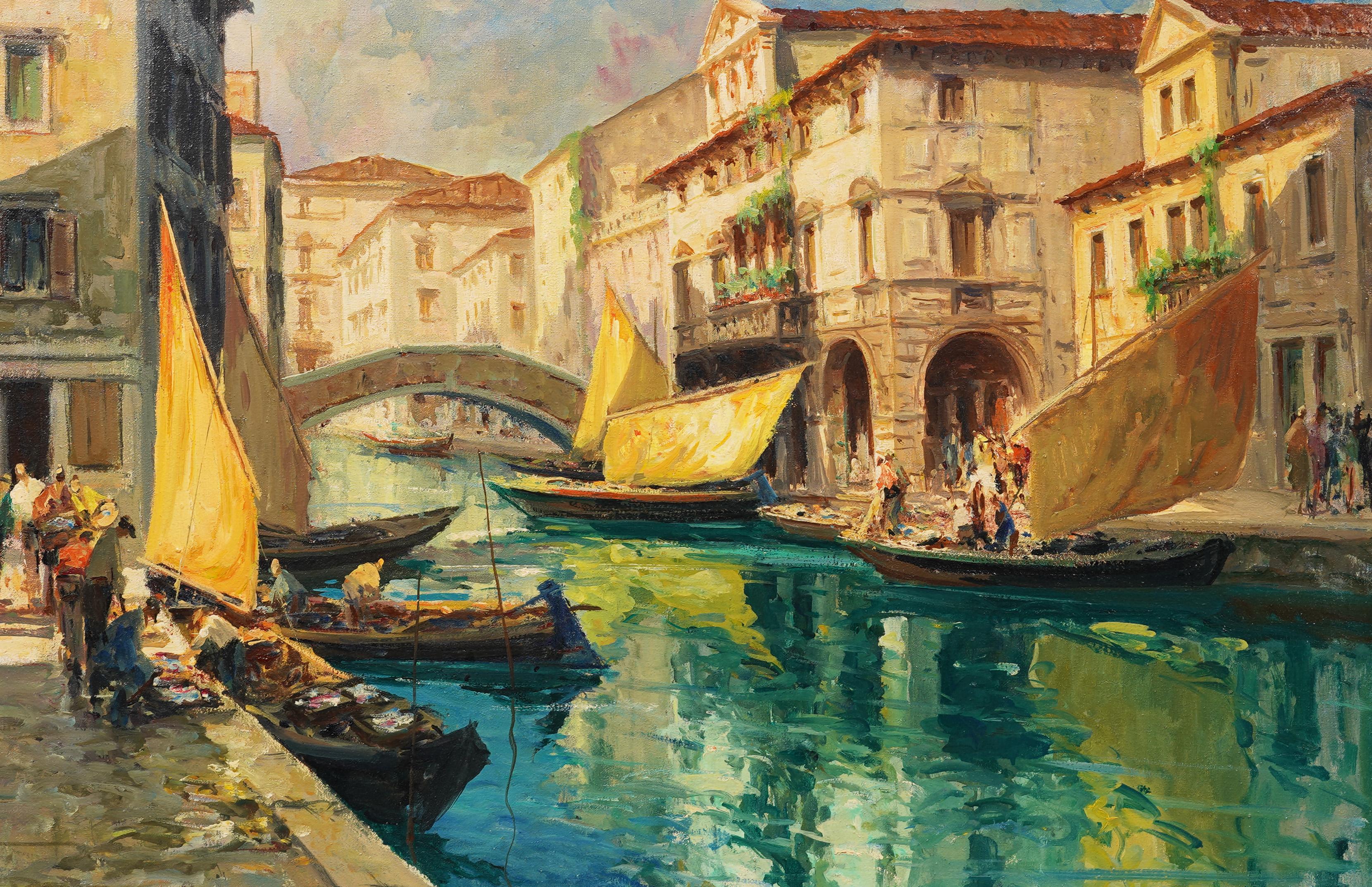 Antique Large Italian Impressionist Framed Venice Canal Signed Oil Painting For Sale 3