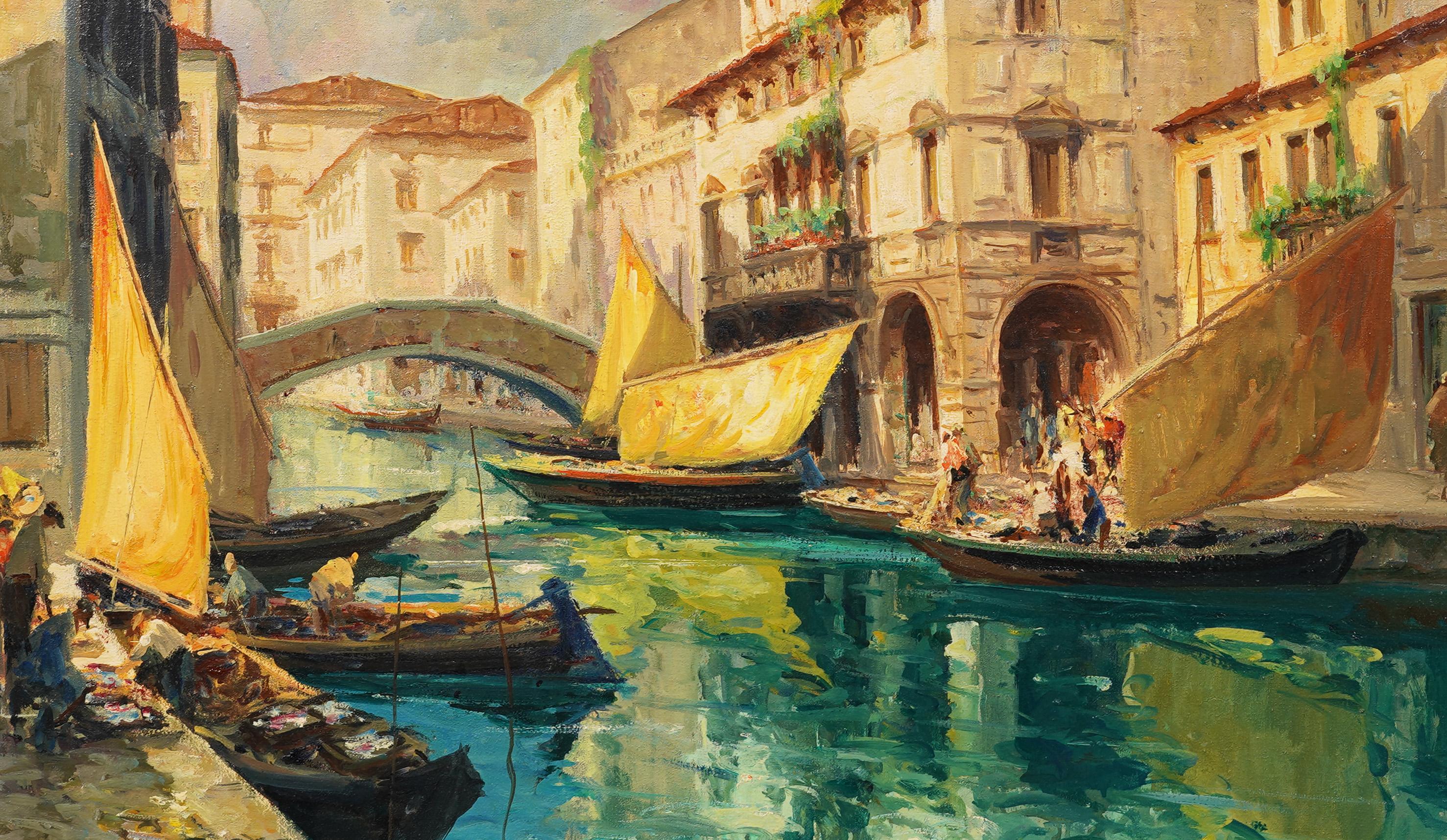 Antique Large Italian Impressionist Framed Venice Canal Signed Oil Painting For Sale 4