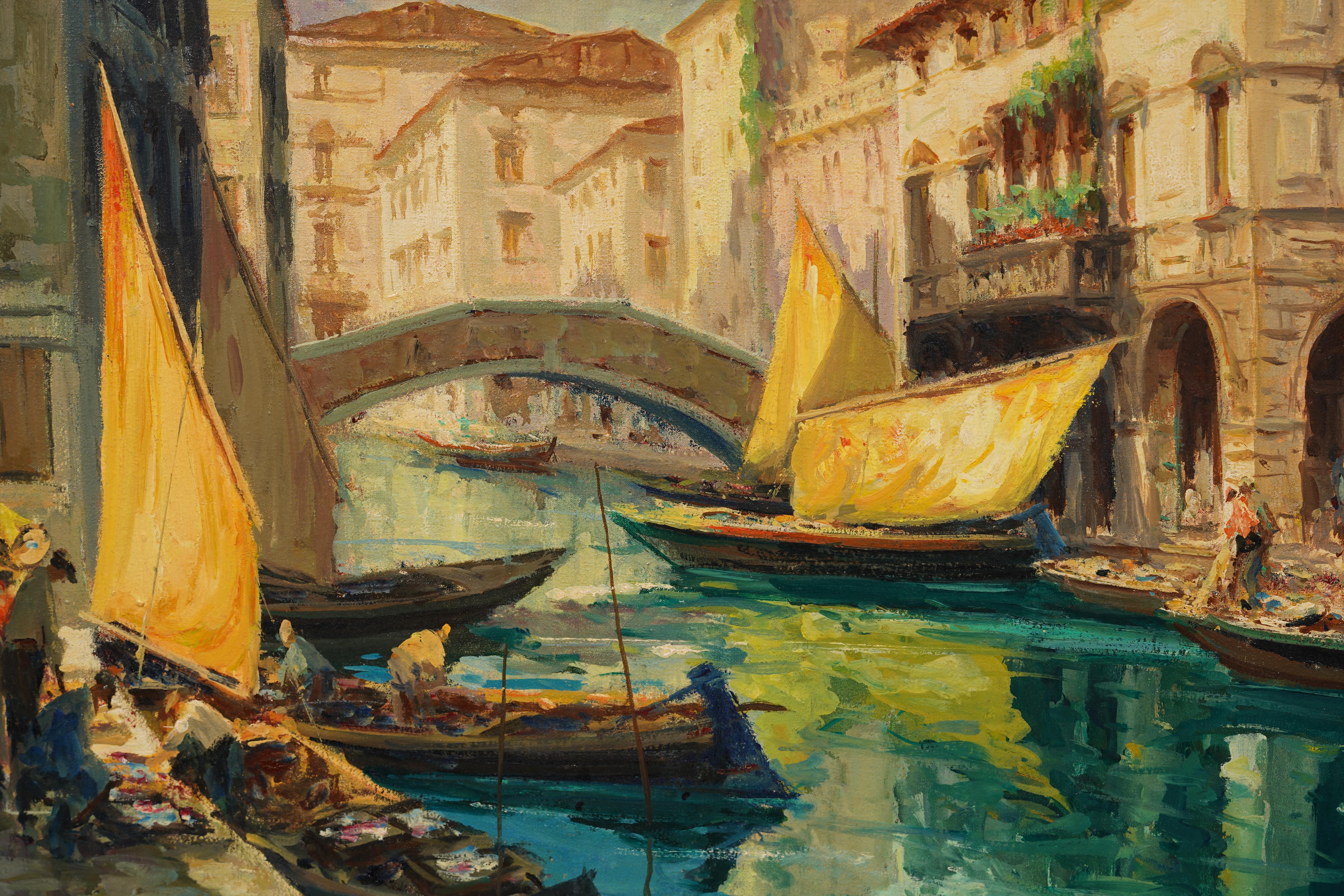 Antico grande dipinto ad olio impressionista italiano con cornice del canale di Venezia firmato 2