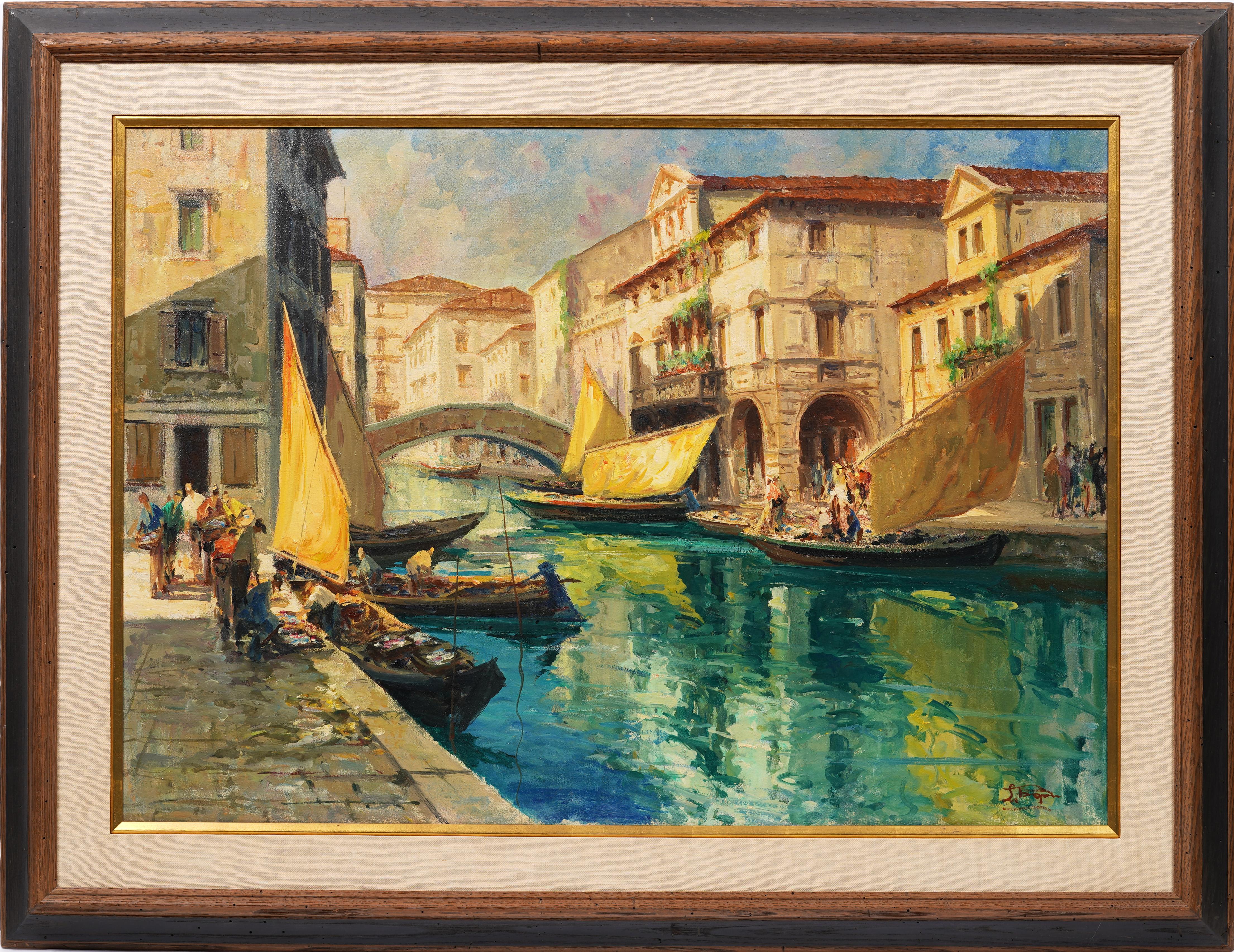 Unknown Landscape Painting - Antique Large Italian Impressionist Framed Venice Canal Signed Oil Painting