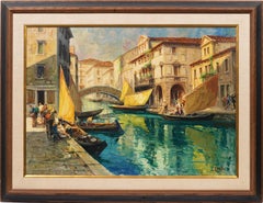 Antikes großes italienisches impressionistisches gerahmtes venezianisches Canal, signiertes Ölgemälde, signiert