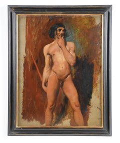 Antique Large Mediteranean Young Male Nude Framed Portrait Oil Painting