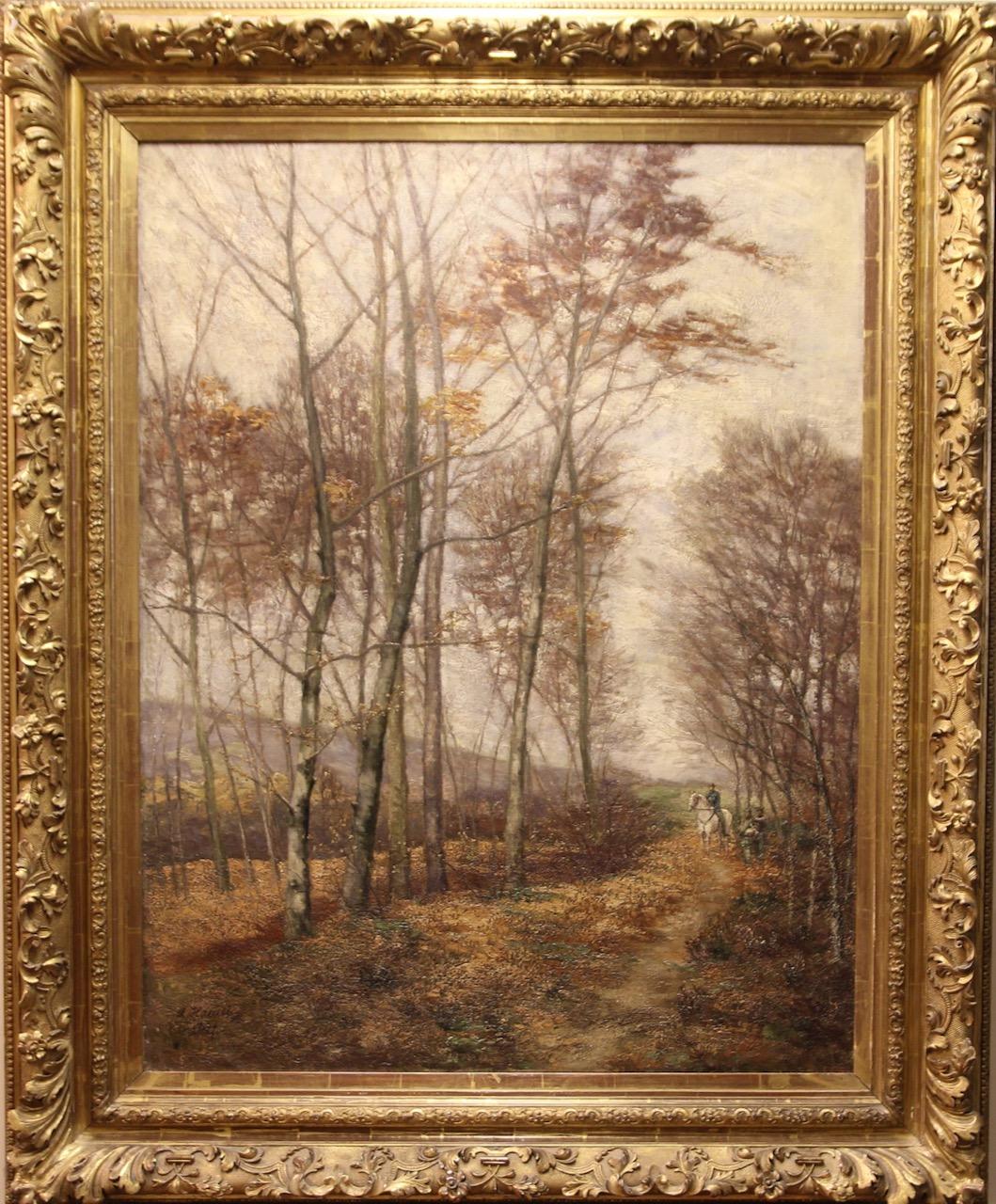 Unknown Landscape Painting – Antikes, großes Ölgemälde „Walk im Herbstwald“ von A. oder O. Hamel, großes Ölgemälde